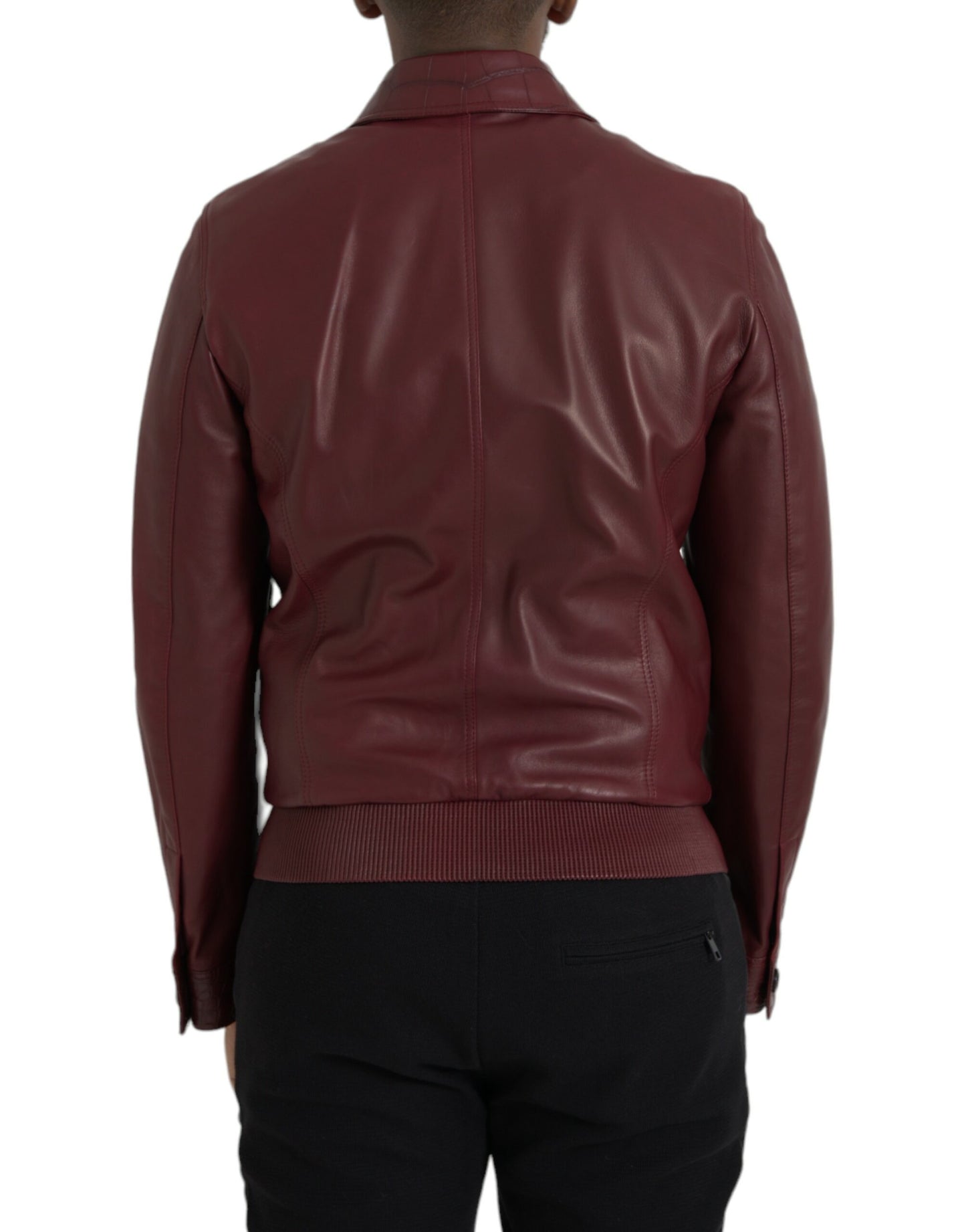 Dolce & Gabbana Chaqueta motera con cremallera de cuero exótico granate