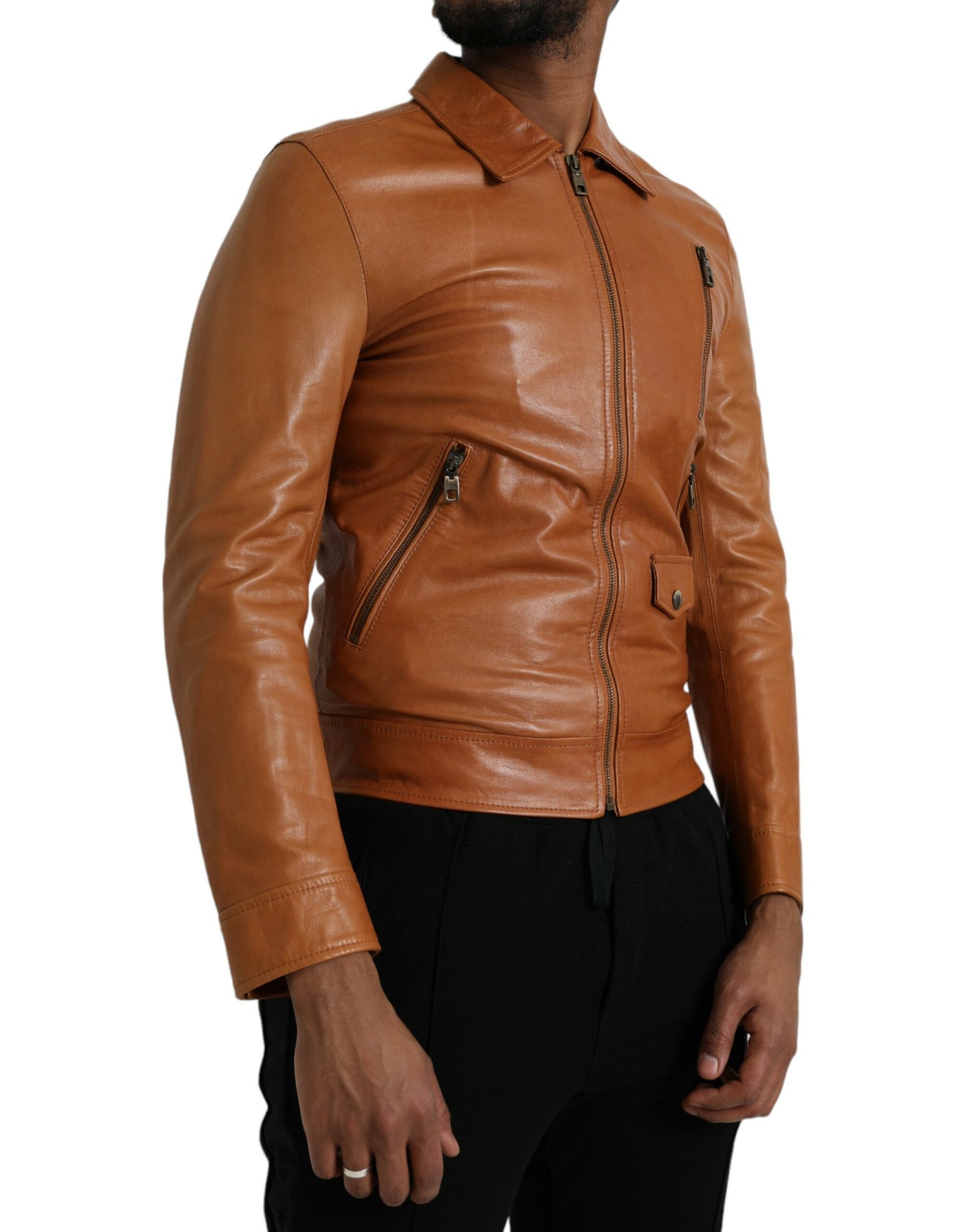 Dolce & Gabbana Chaqueta tipo cazadora con cremallera completa de piel de cordero marrón