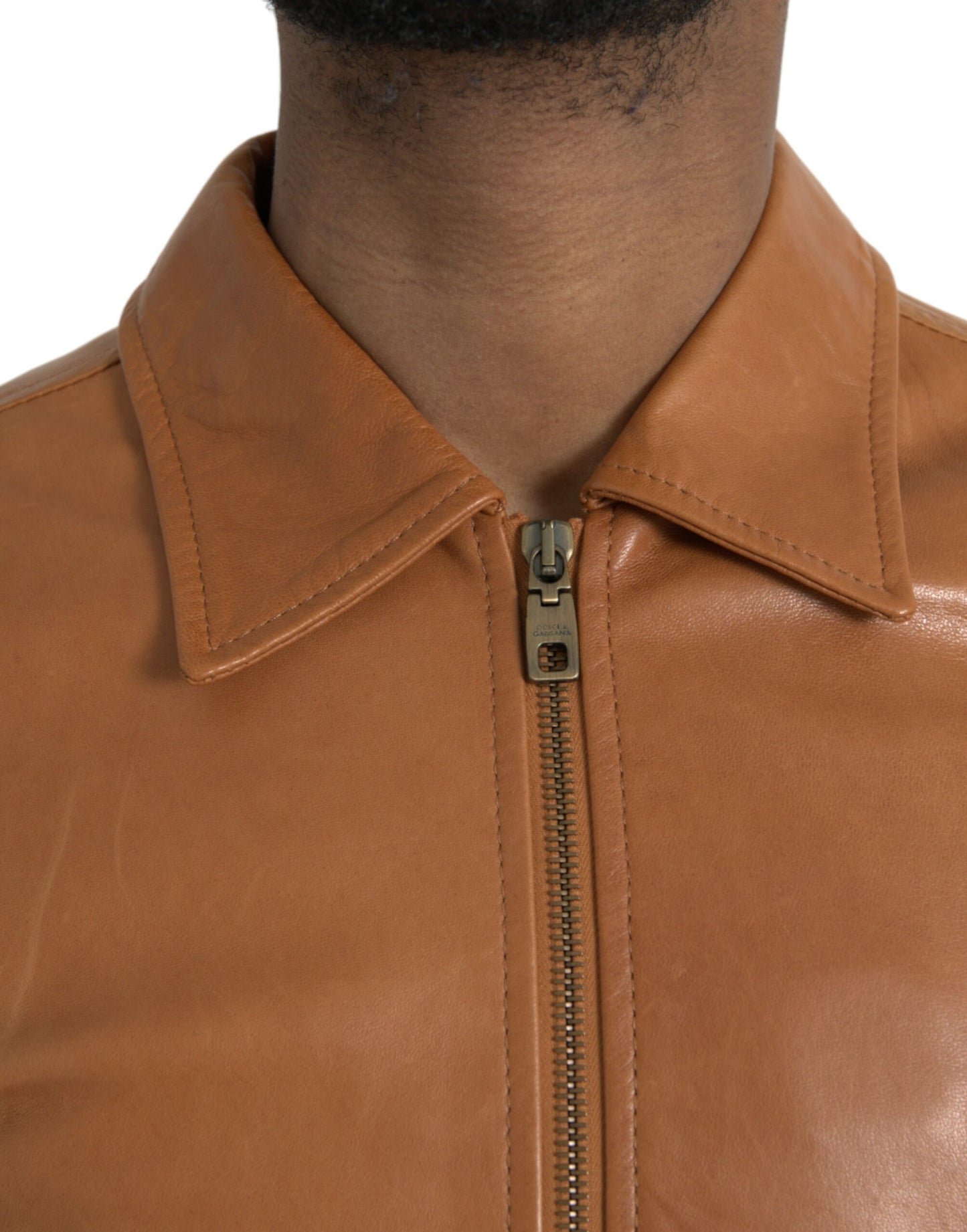 Dolce & Gabbana Chaqueta tipo cazadora con cremallera completa de piel de cordero marrón