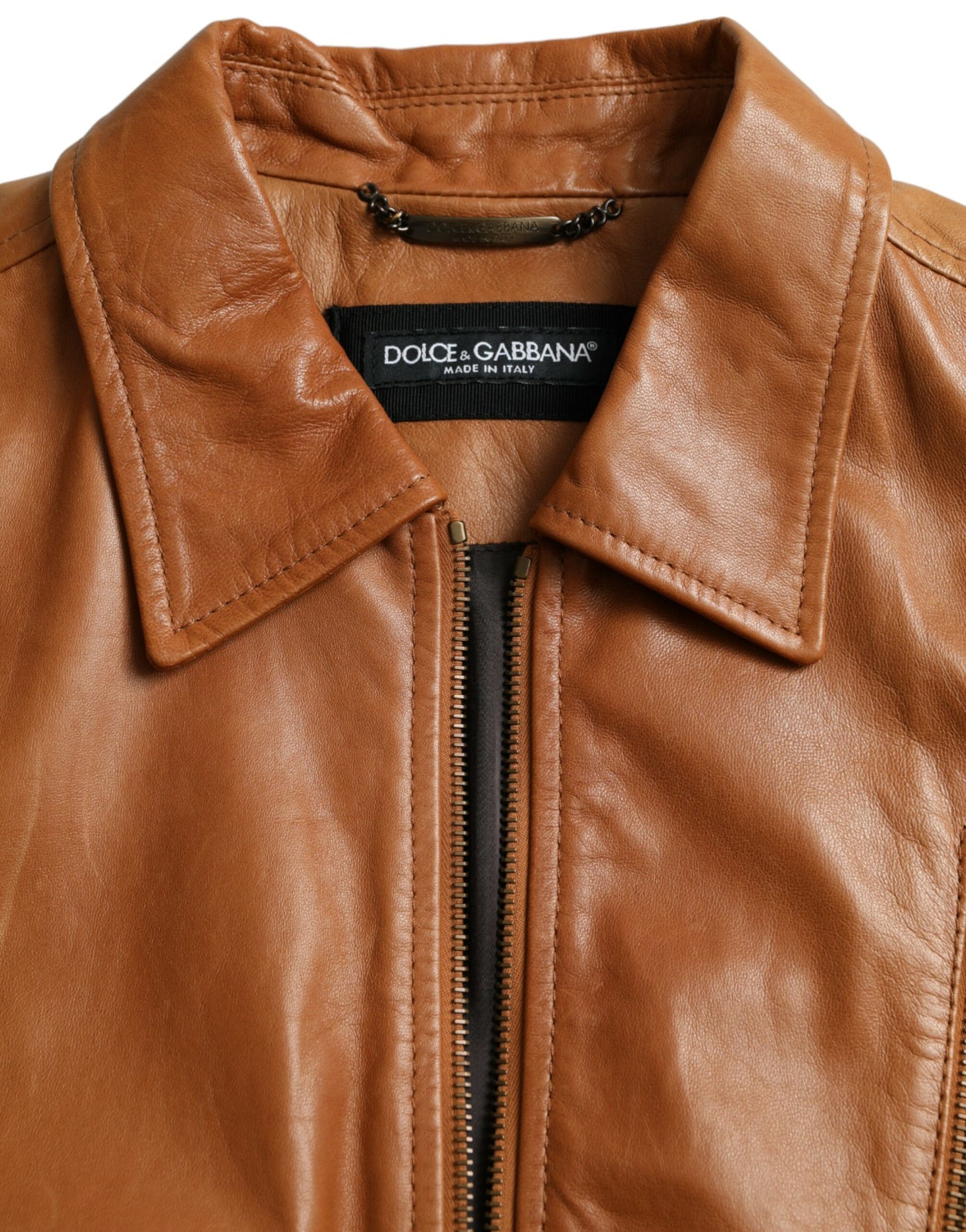 Dolce & Gabbana Chaqueta tipo cazadora con cremallera completa de piel de cordero marrón