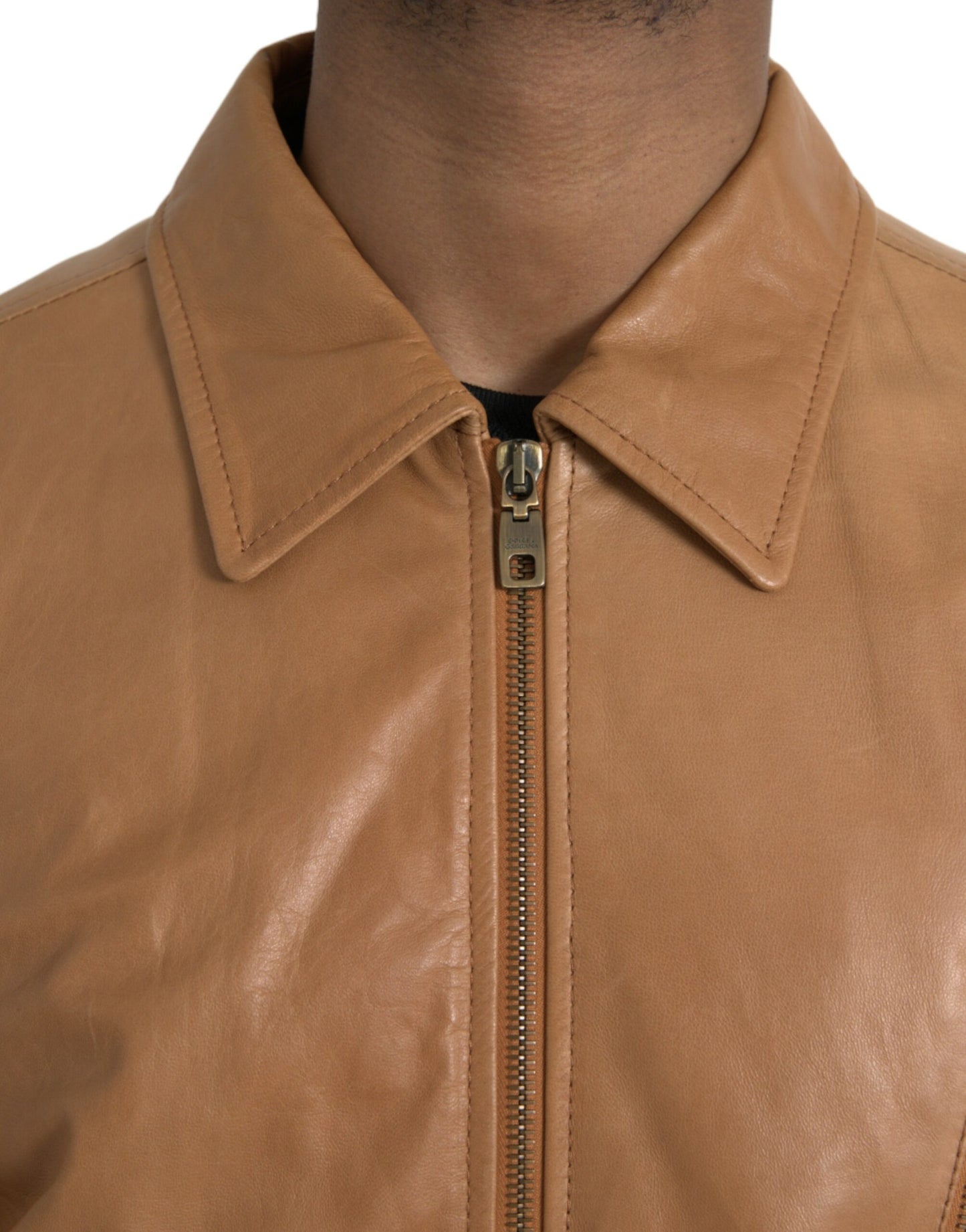 Dolce & Gabbana Chaqueta tipo cazadora con cremallera completa de piel de cordero marrón