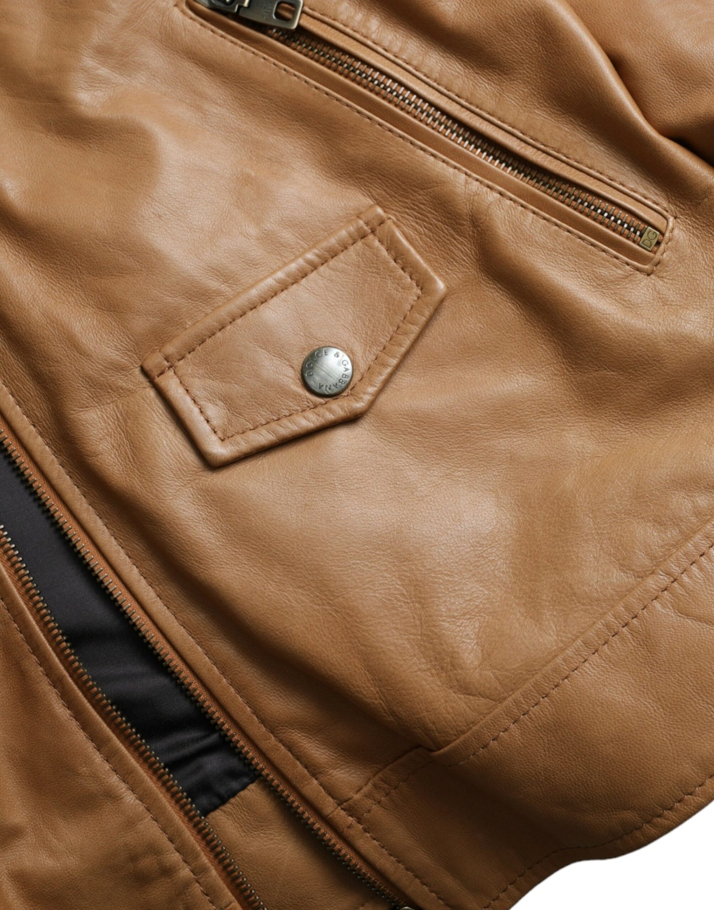 Dolce & Gabbana Chaqueta tipo cazadora con cremallera completa de piel de cordero marrón