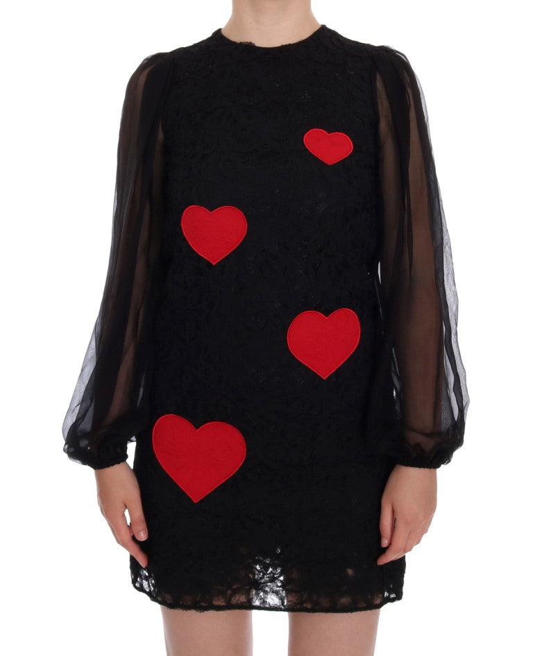 Dolce & Gabbana Elegante vestido recto con apliques de corazón de encaje negro