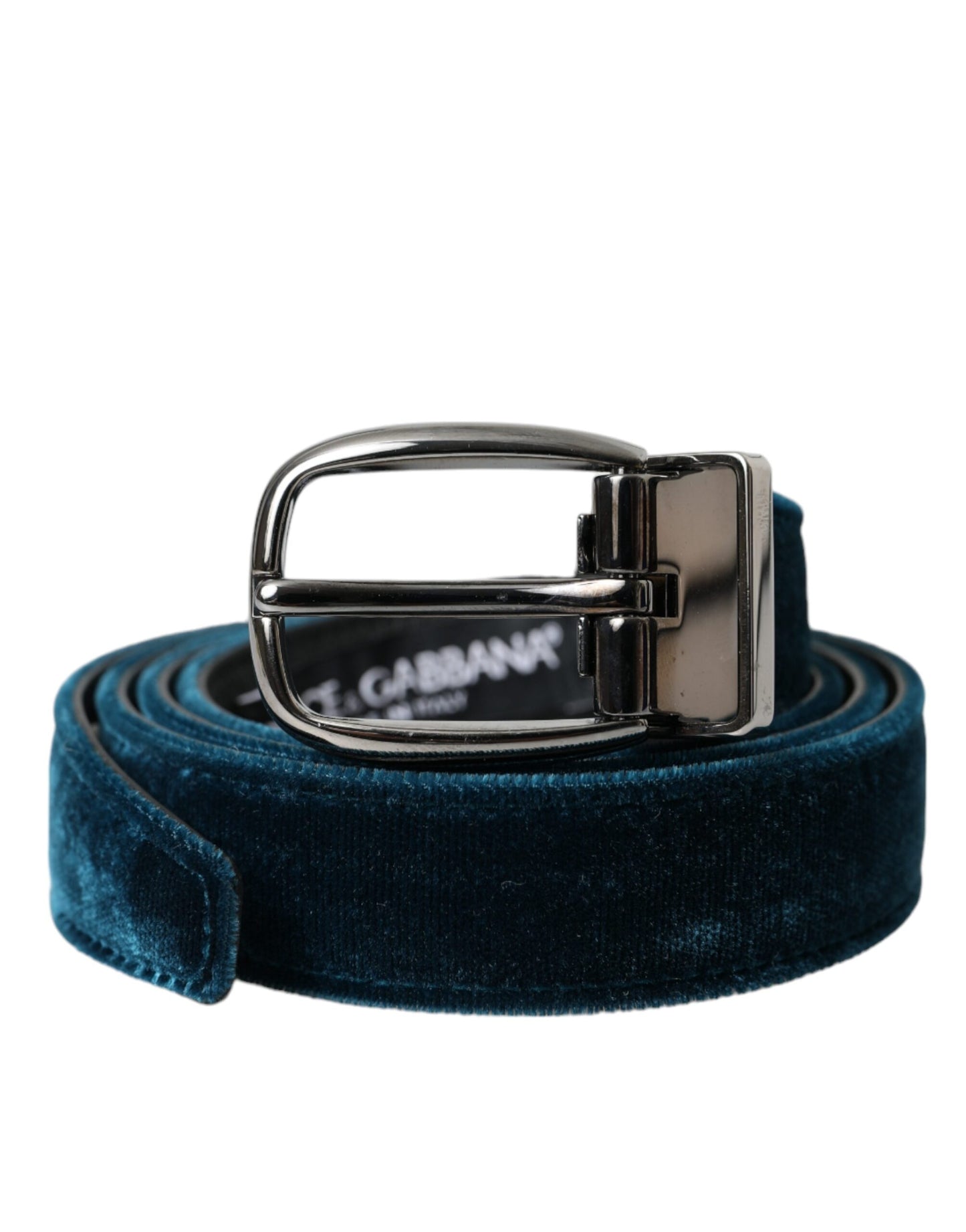Dolce & Gabbana Cinturón con hebilla de metal plateado de cuero de terciopelo azul