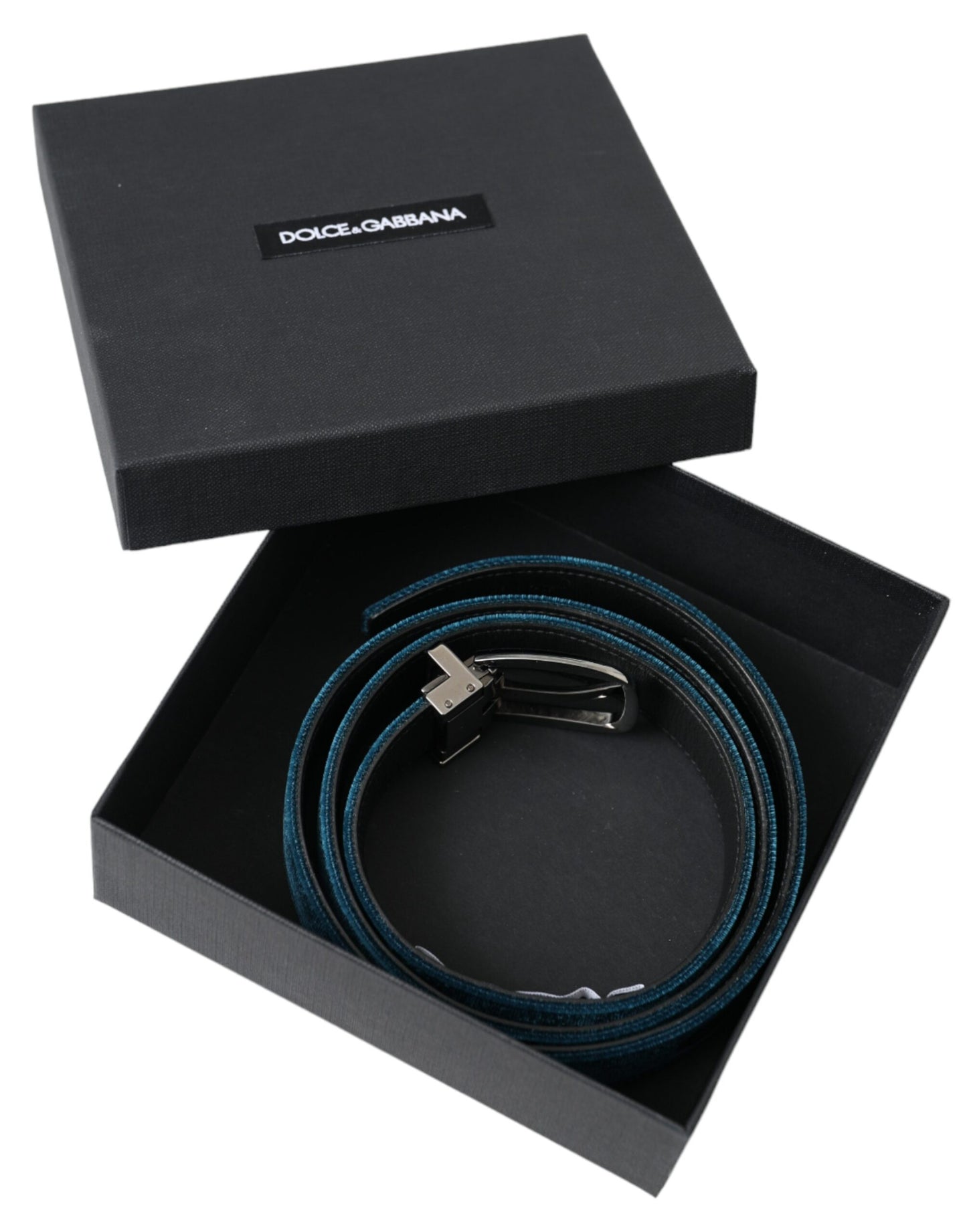 Dolce & Gabbana Cinturón con hebilla de metal plateado de cuero de terciopelo azul