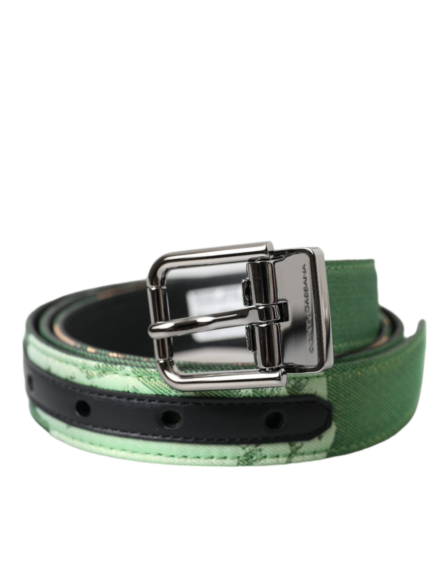 Dolce & Gabbana Cinturón con hebilla de metal plateado en jacquard de cuero verde