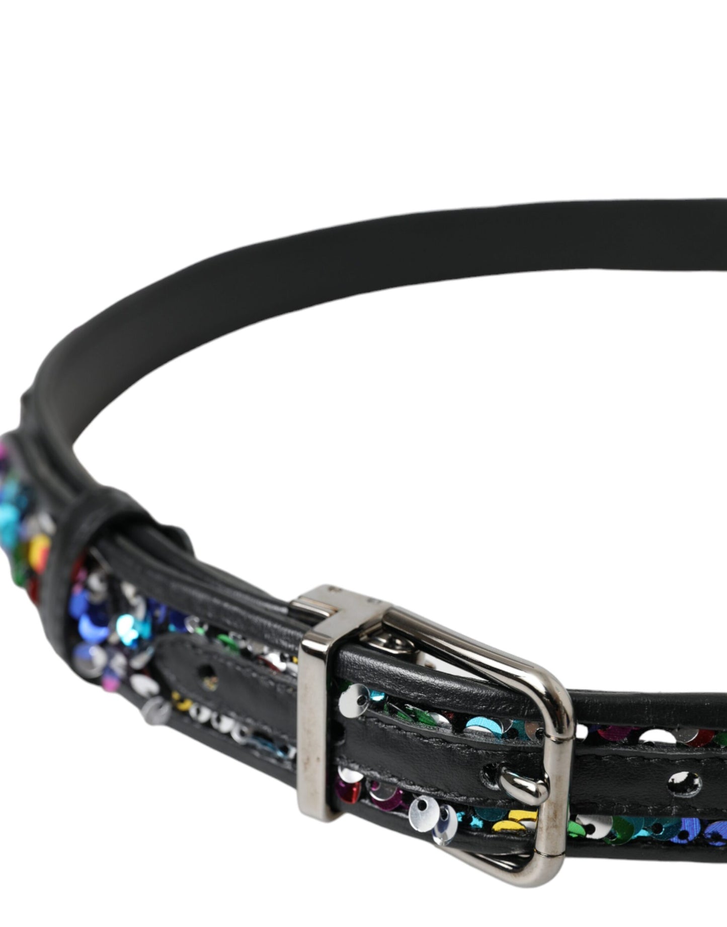 Ceinture Dolce & Gabbana noire à paillettes et boucle en métal argenté pour femme