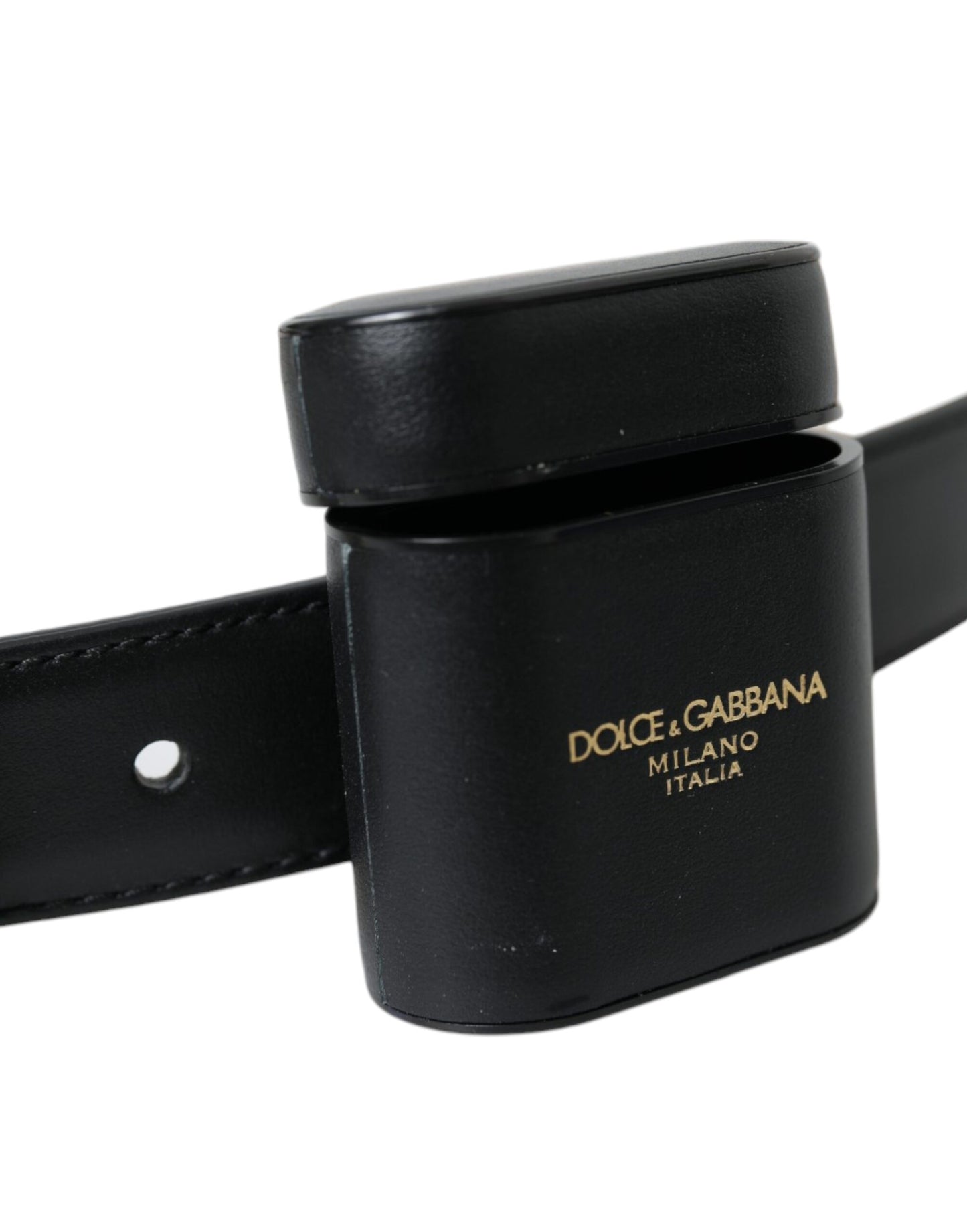 Étui Airpods en cuir noir Dolce & Gabbana avec boucle de ceinture argentée
