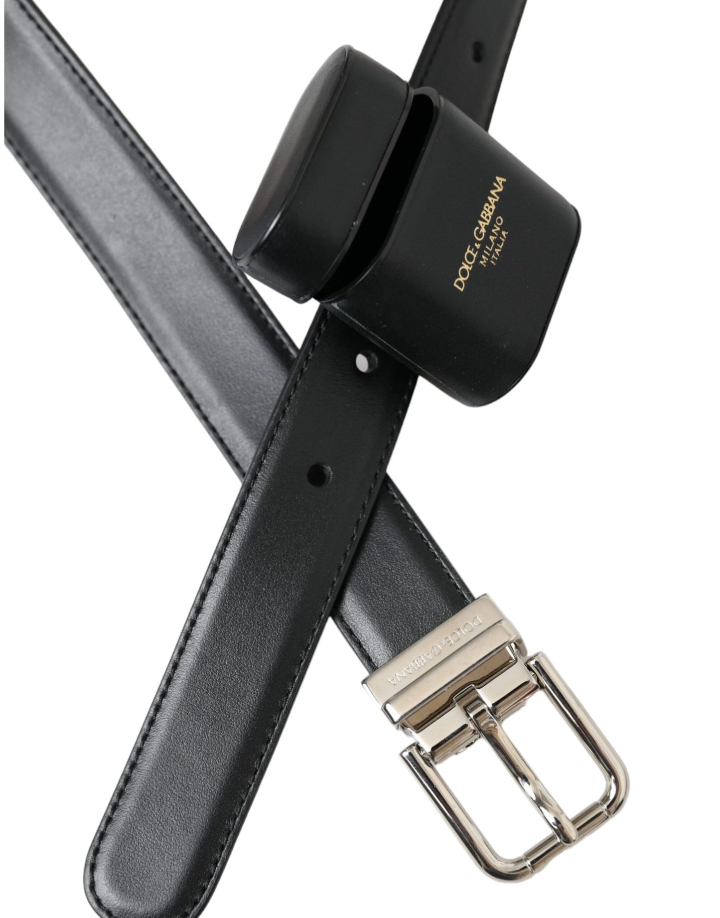 Dolce & Gabbana Estuche para Airpods de cuero negro Cinturón con hebilla plateada