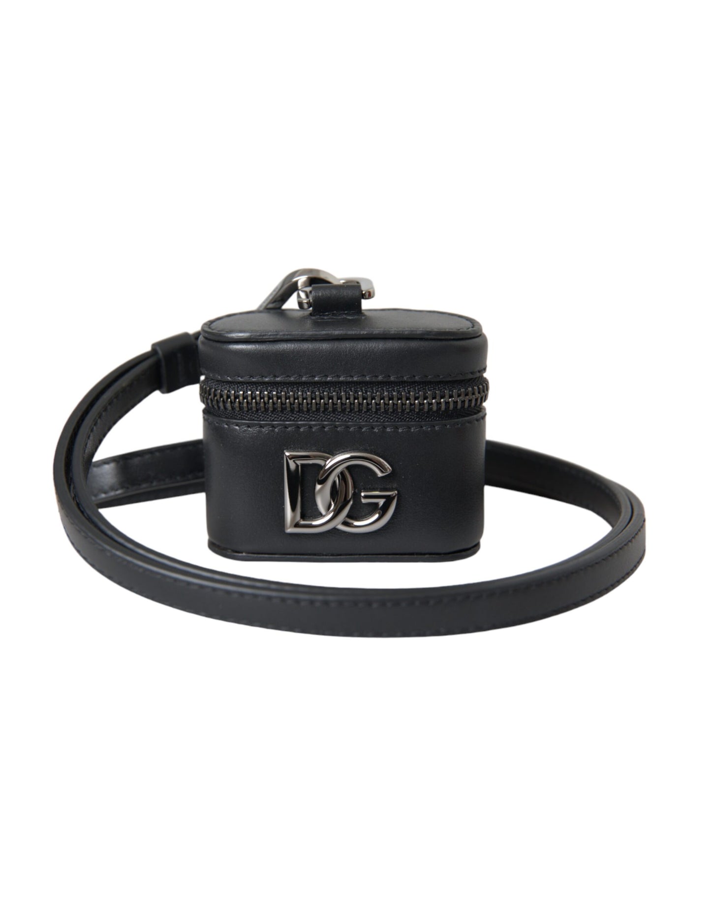 Dolce & Gabbana Estuche para Airpods de metal plateado y cuero con logo DG negro