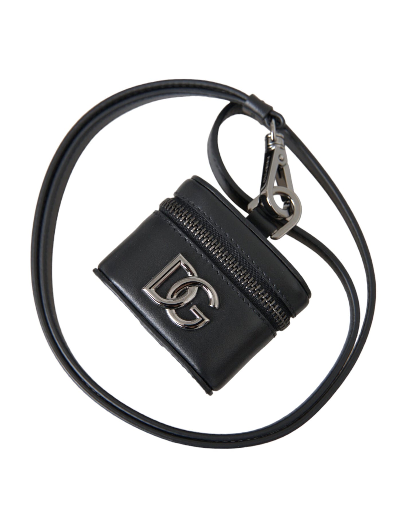Dolce & Gabbana Estuche para Airpods de metal plateado y cuero con logo DG negro