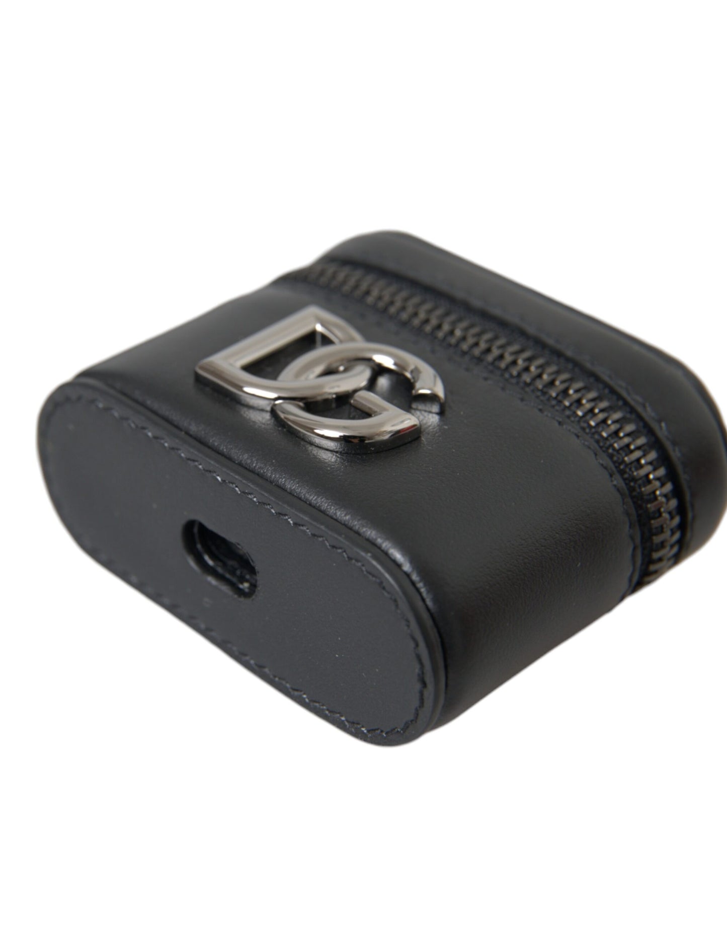 Dolce & Gabbana Estuche para Airpods de metal plateado y cuero con logo DG negro