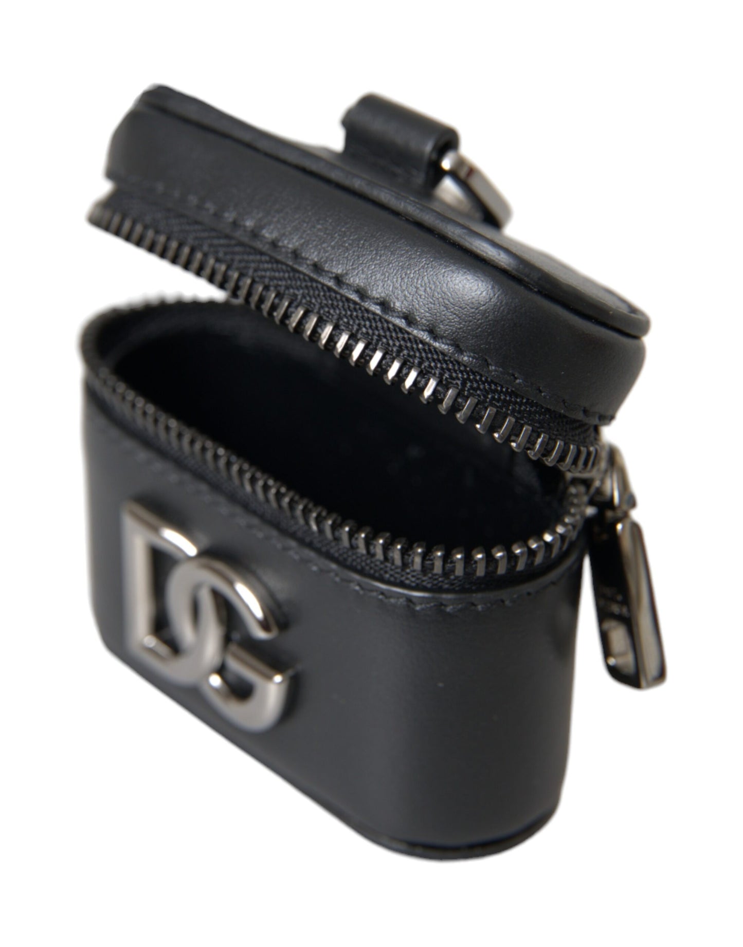 Dolce & Gabbana Estuche para Airpods de metal plateado y cuero con logo DG negro