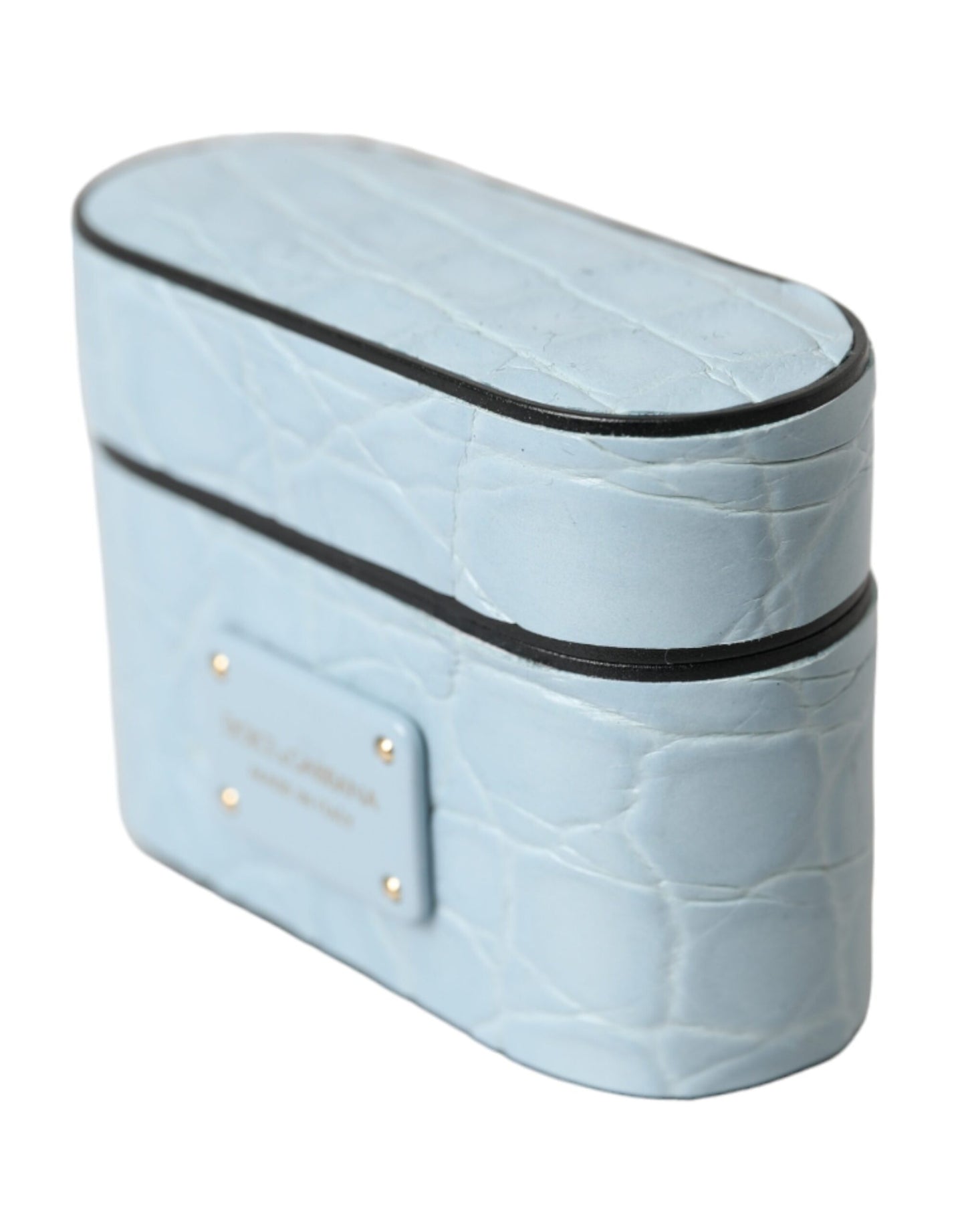 Dolce & Gabbana Estuche para Airpods con placa de metal y cuero azul claro