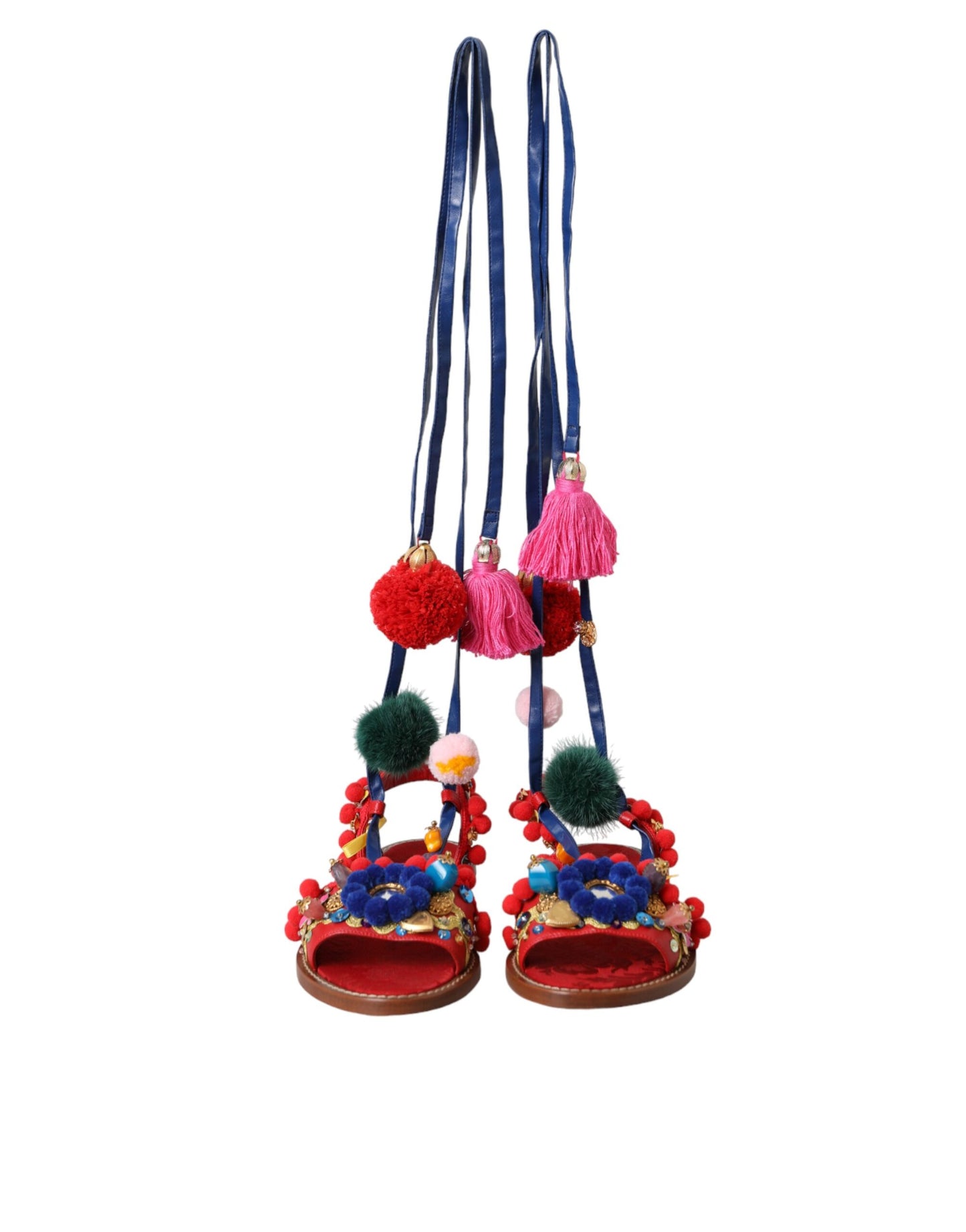 Dolce & Gabbana Sandalias cruzadas de piel con pompones multicolores Zapatos