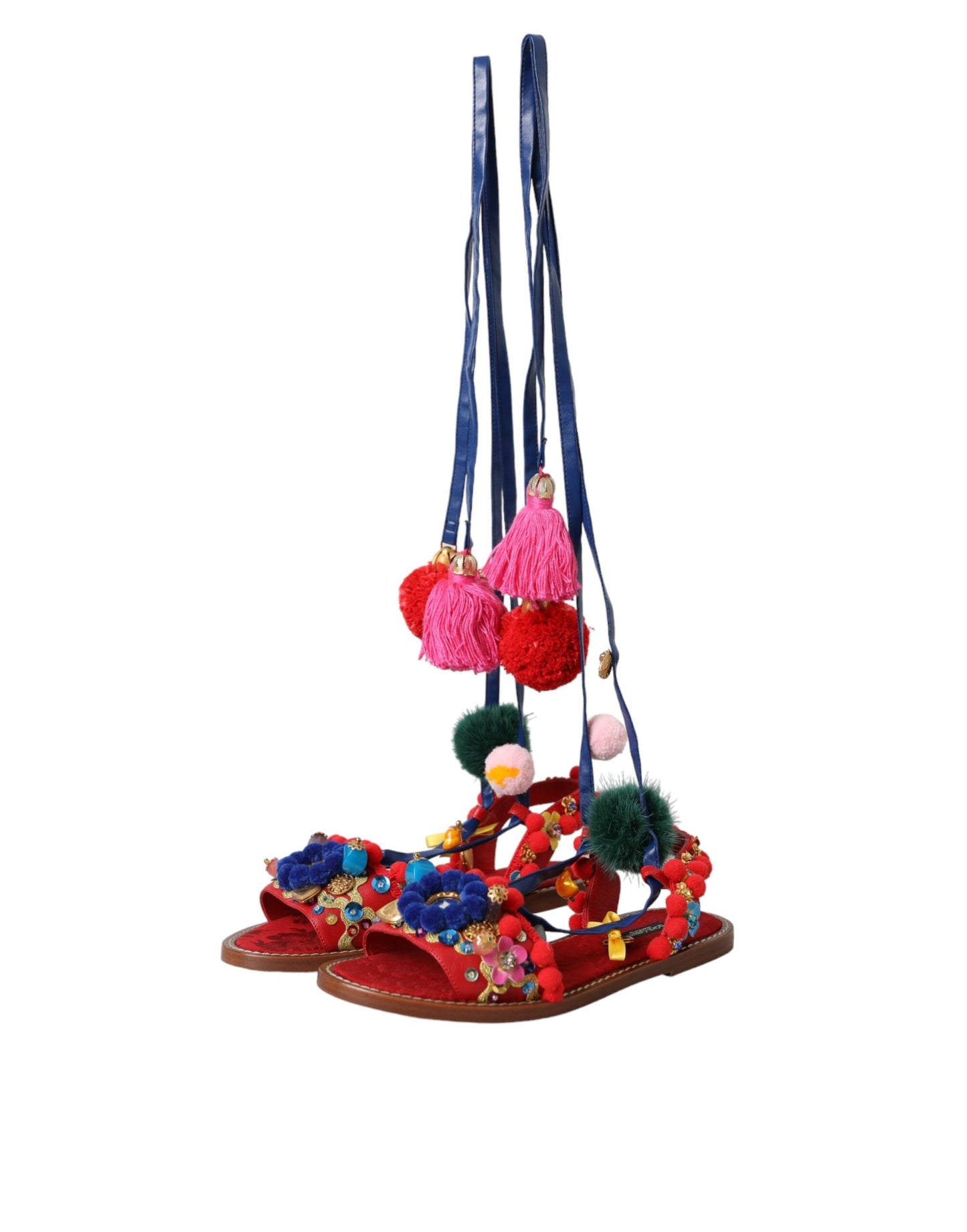 Dolce & Gabbana Sandalias cruzadas de piel con pompones multicolores Zapatos