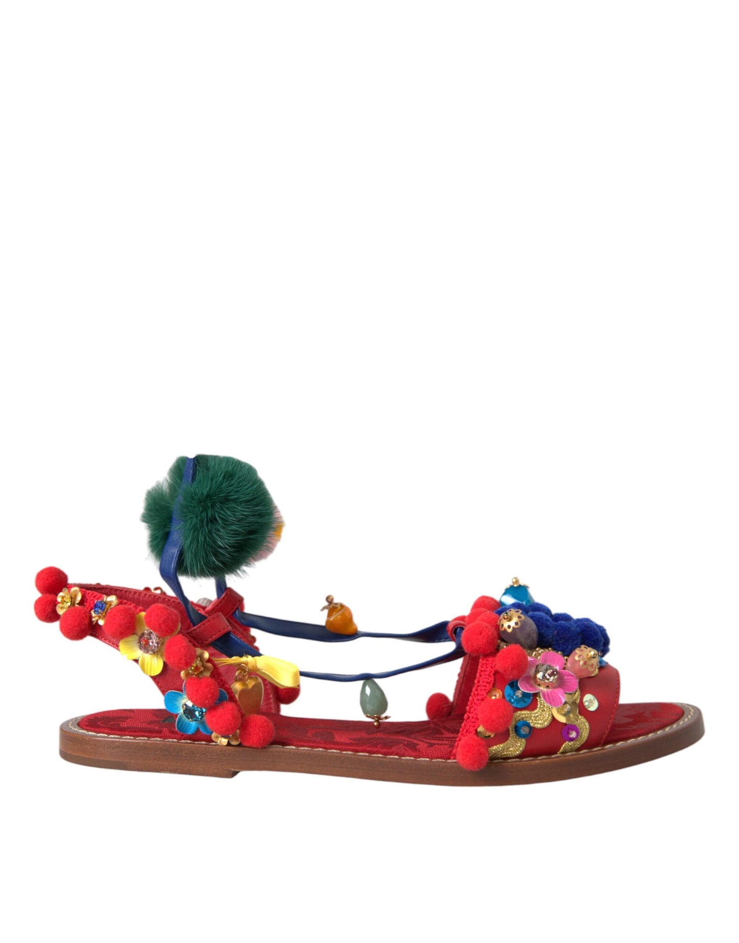 Dolce & Gabbana Sandalias cruzadas de piel con pompones multicolores Zapatos