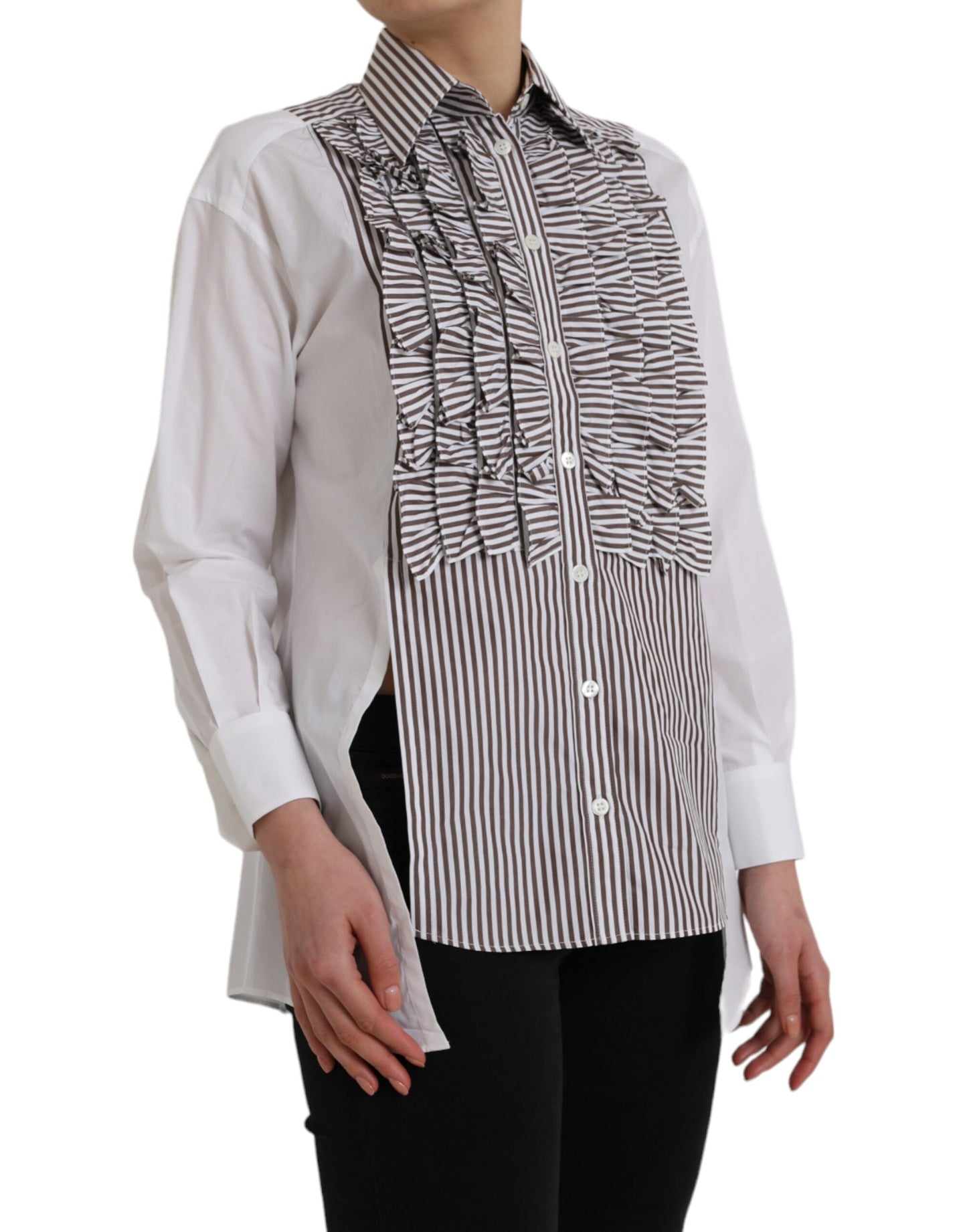Dolce & Gabbana Top de algodón con mangas largas y cuello con volantes a rayas blancas