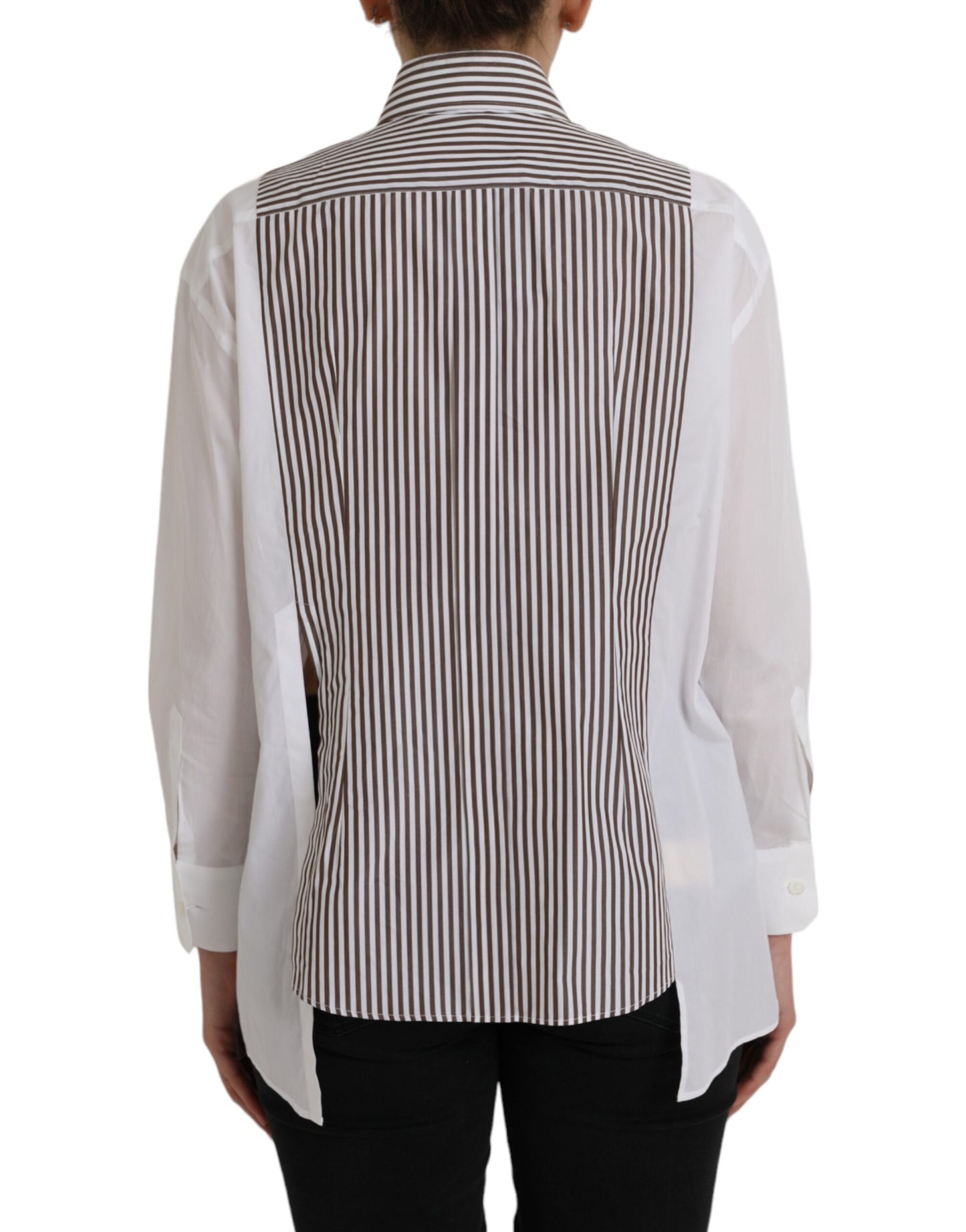 Dolce & Gabbana Top de algodón con mangas largas y cuello con volantes a rayas blancas