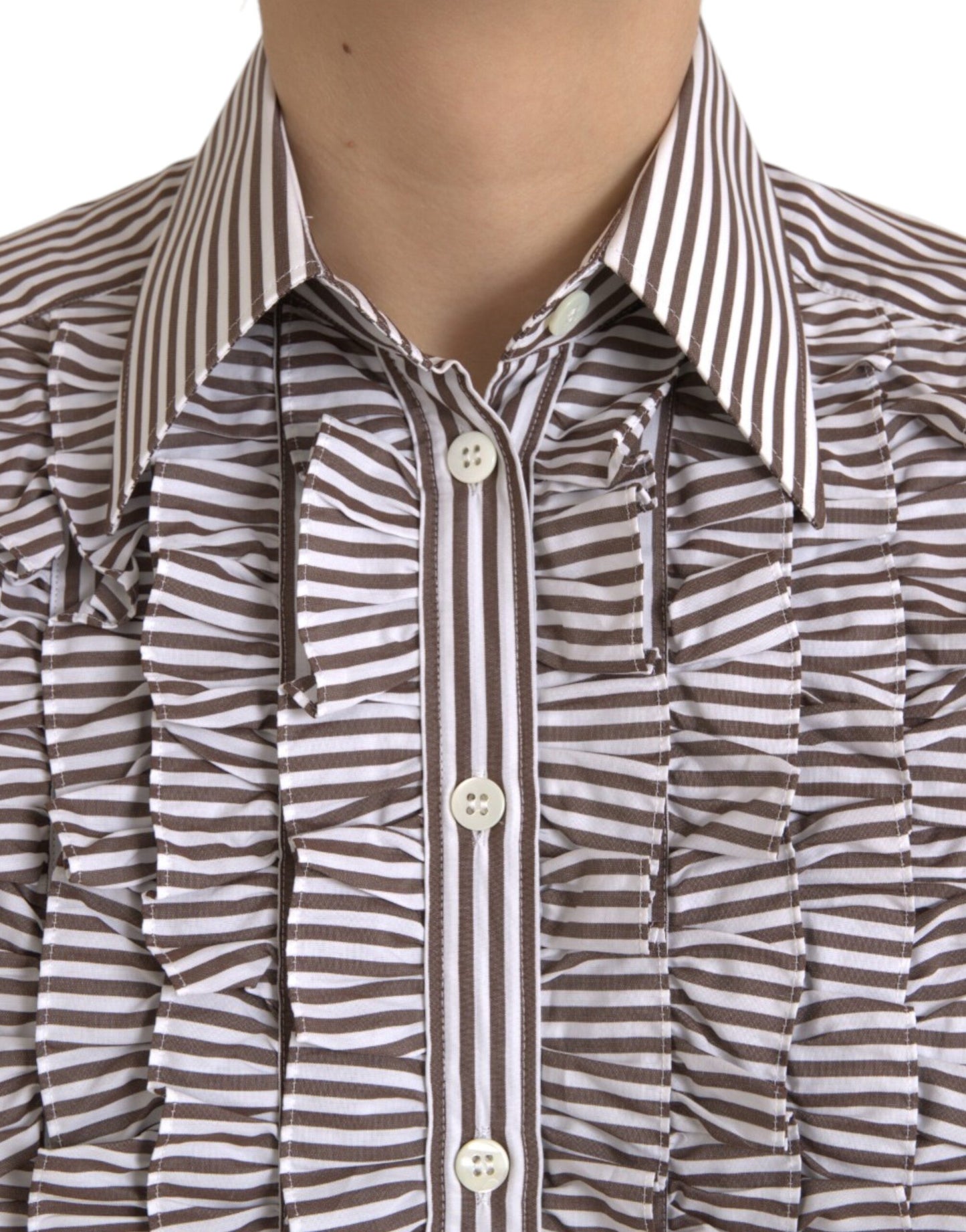 Dolce & Gabbana Top de algodón con mangas largas y cuello con volantes a rayas blancas