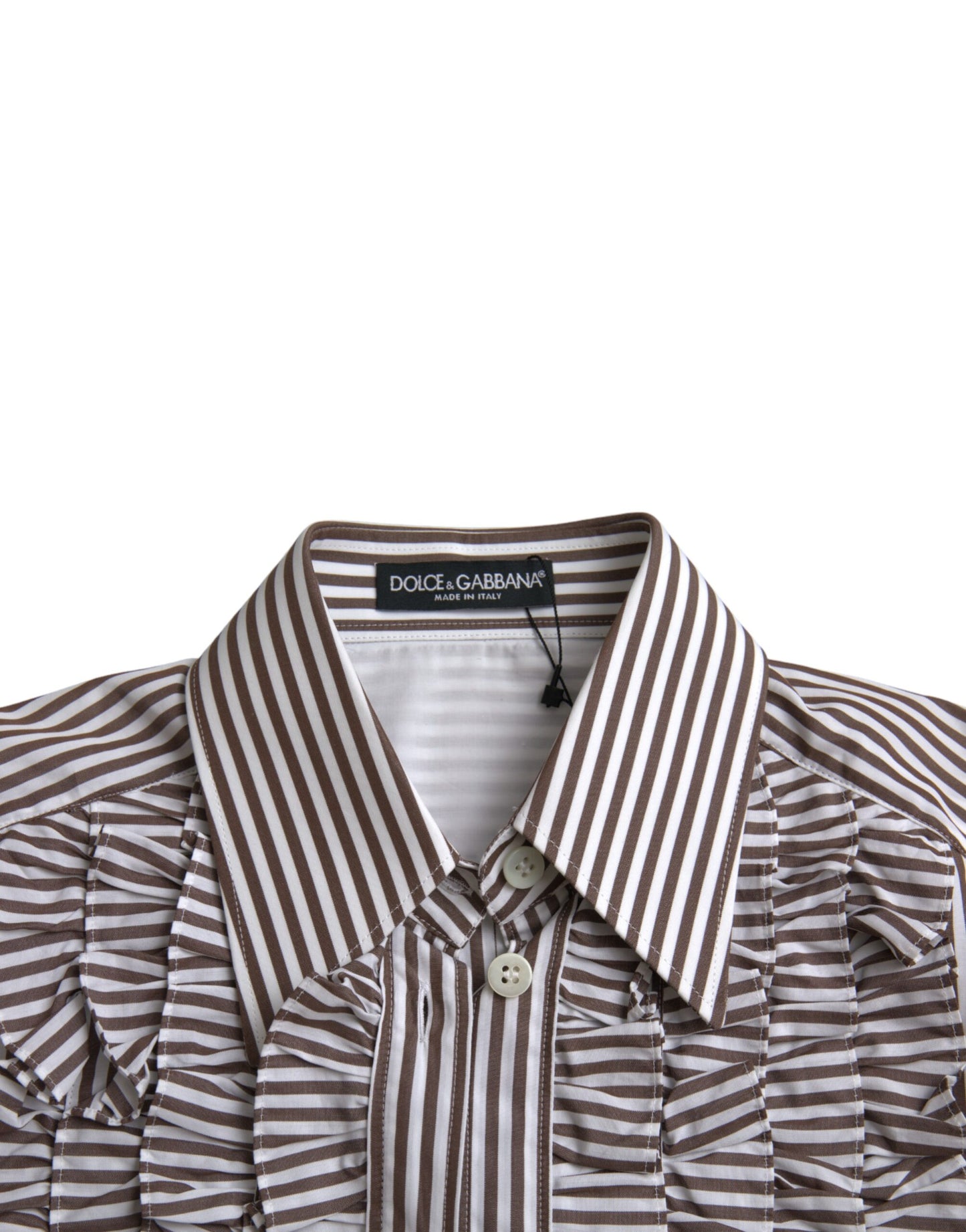 Dolce & Gabbana Top de algodón con mangas largas y cuello con volantes a rayas blancas