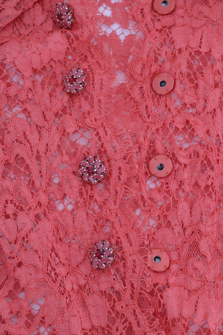 Dolce & Gabbana Elegante blusa tipo cárdigan con cristales y encaje floral naranja