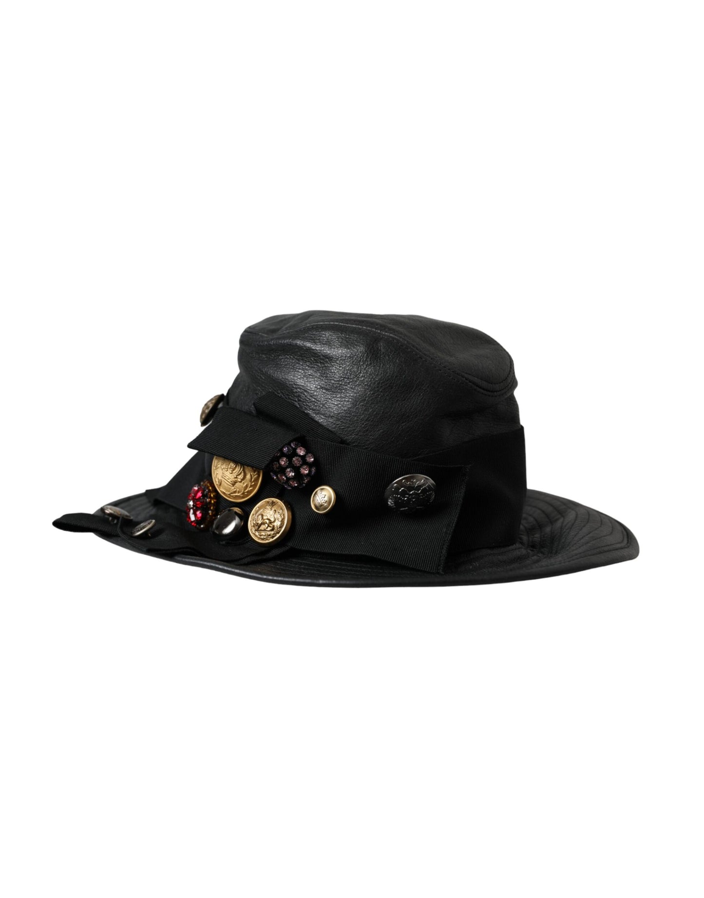 Dolce & Gabbana Sombrero de ala ancha con cristales DG Coin de cuero negro