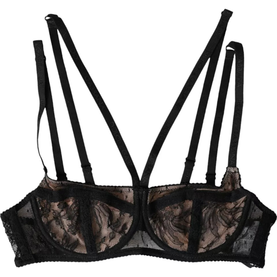 Soutien-gorge balconnet en nylon et dentelle florale noire Dolce & Gabbana