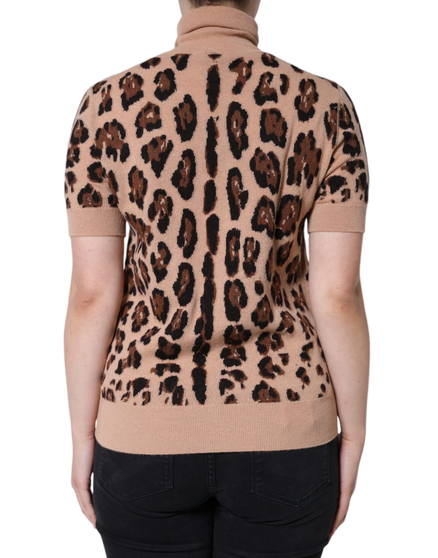 Dolce & Gabbana Top de cuello alto de lana con estampado de leopardo beige