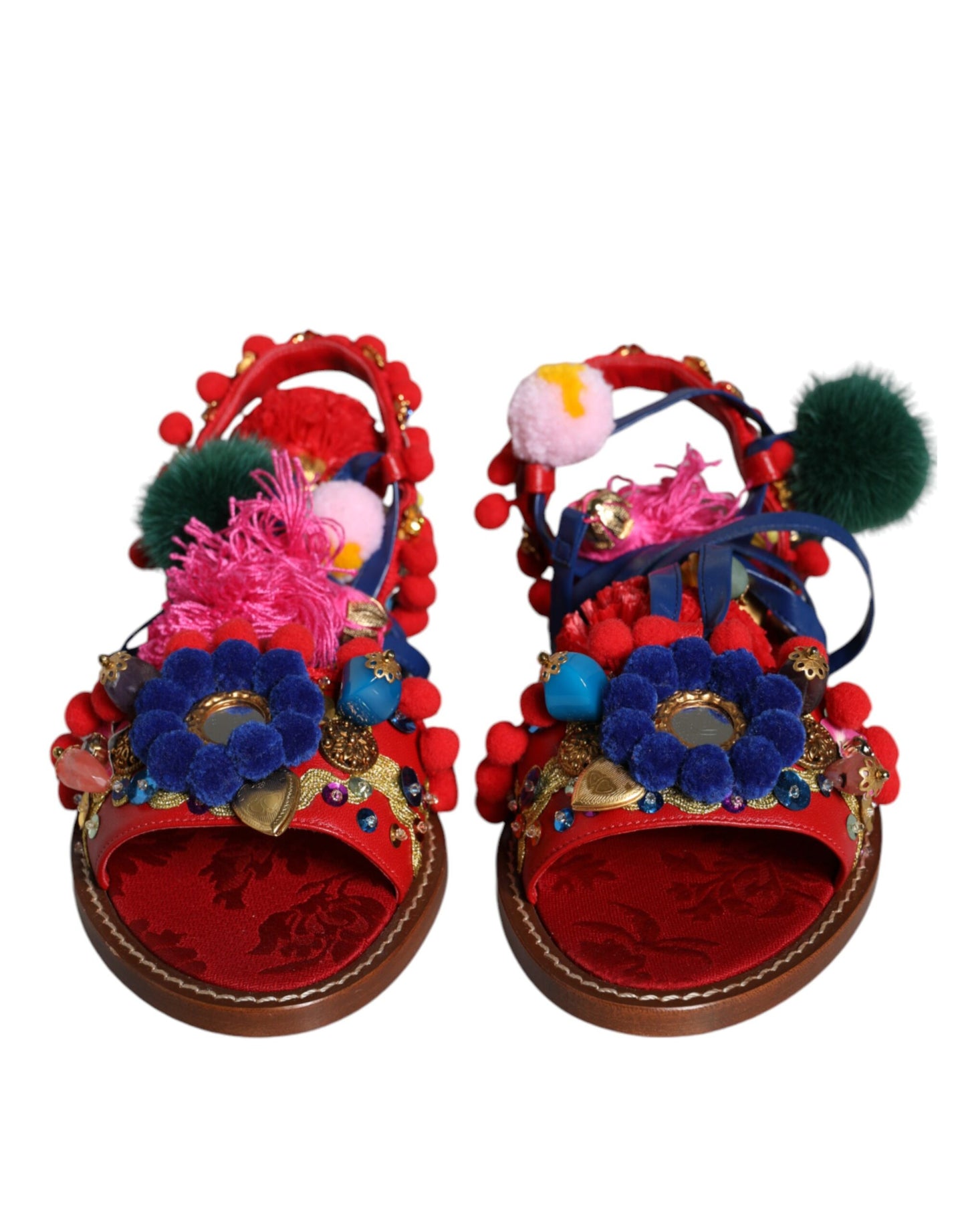 Dolce & Gabbana Sandalias cruzadas de piel con pompones multicolores Zapatos
