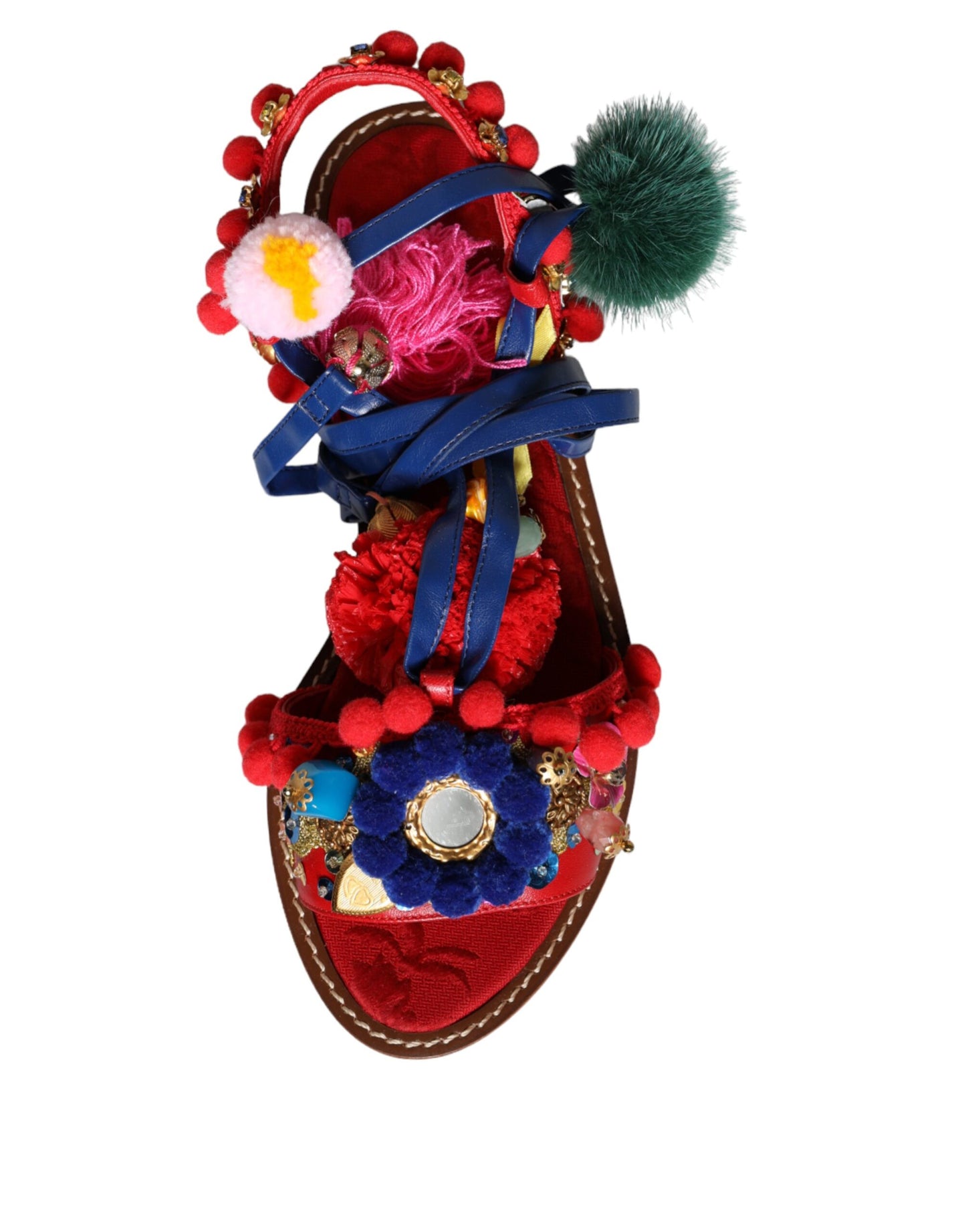 Dolce & Gabbana Sandalias cruzadas de piel con pompones multicolores Zapatos