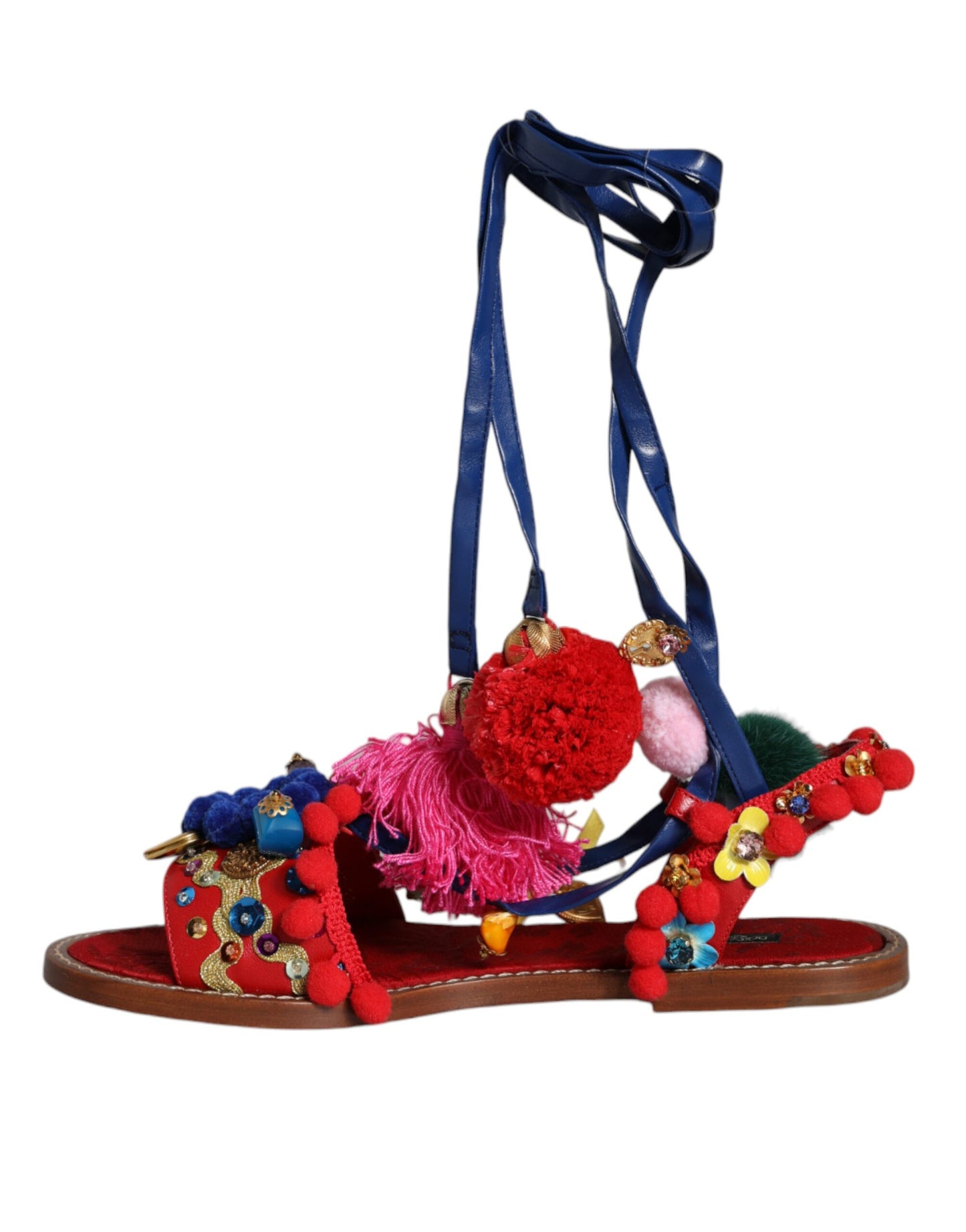 Dolce & Gabbana Sandalias cruzadas de piel con pompones multicolores Zapatos