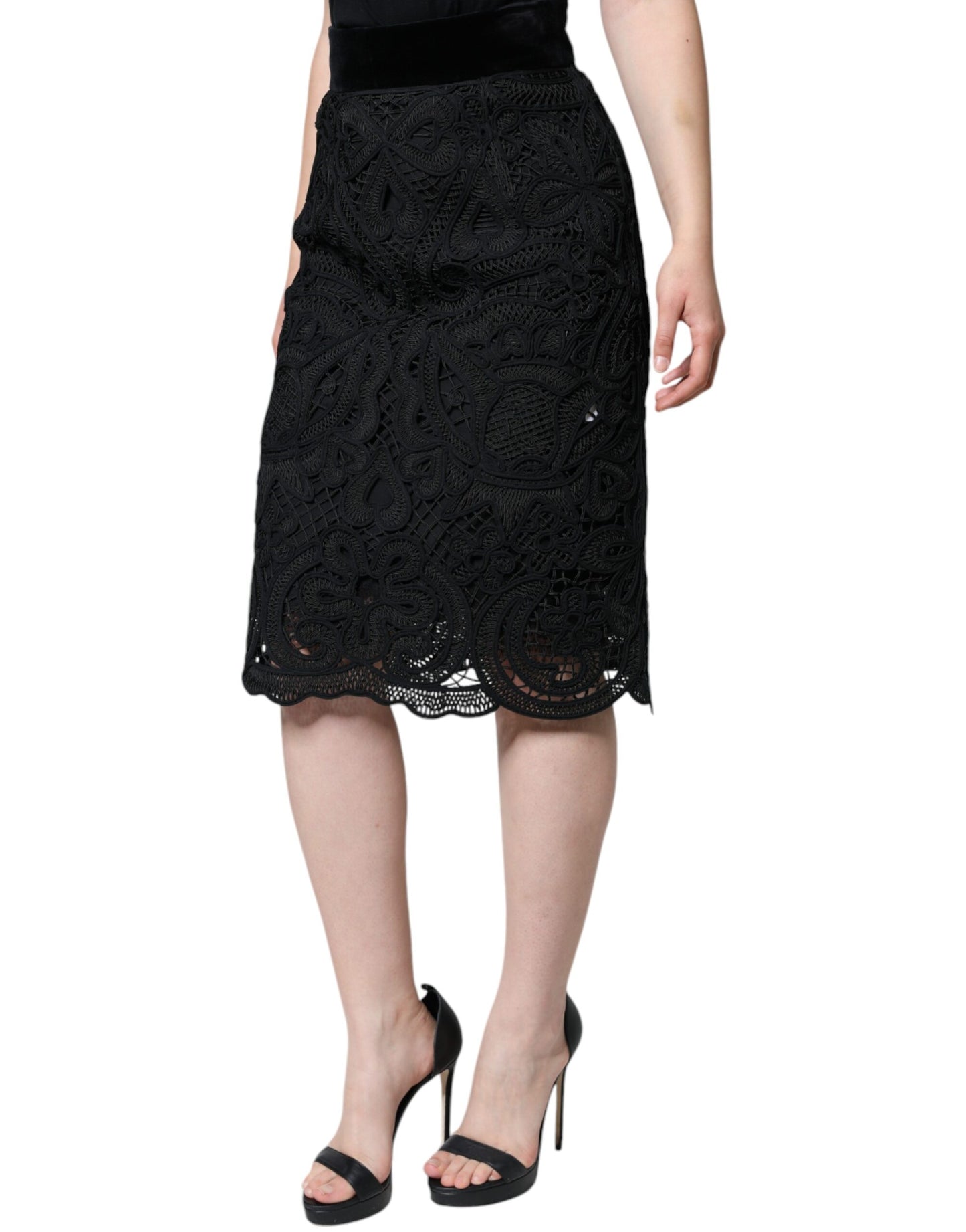 Dolce & Gabbana Falda de corte lápiz de cintura alta con encaje floral negro