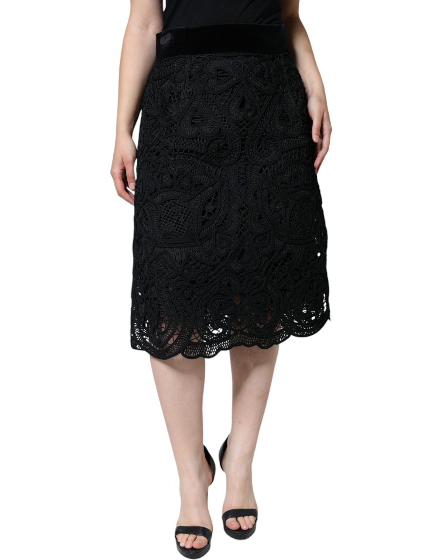 Dolce & Gabbana Falda de corte lápiz de cintura alta con encaje floral negro