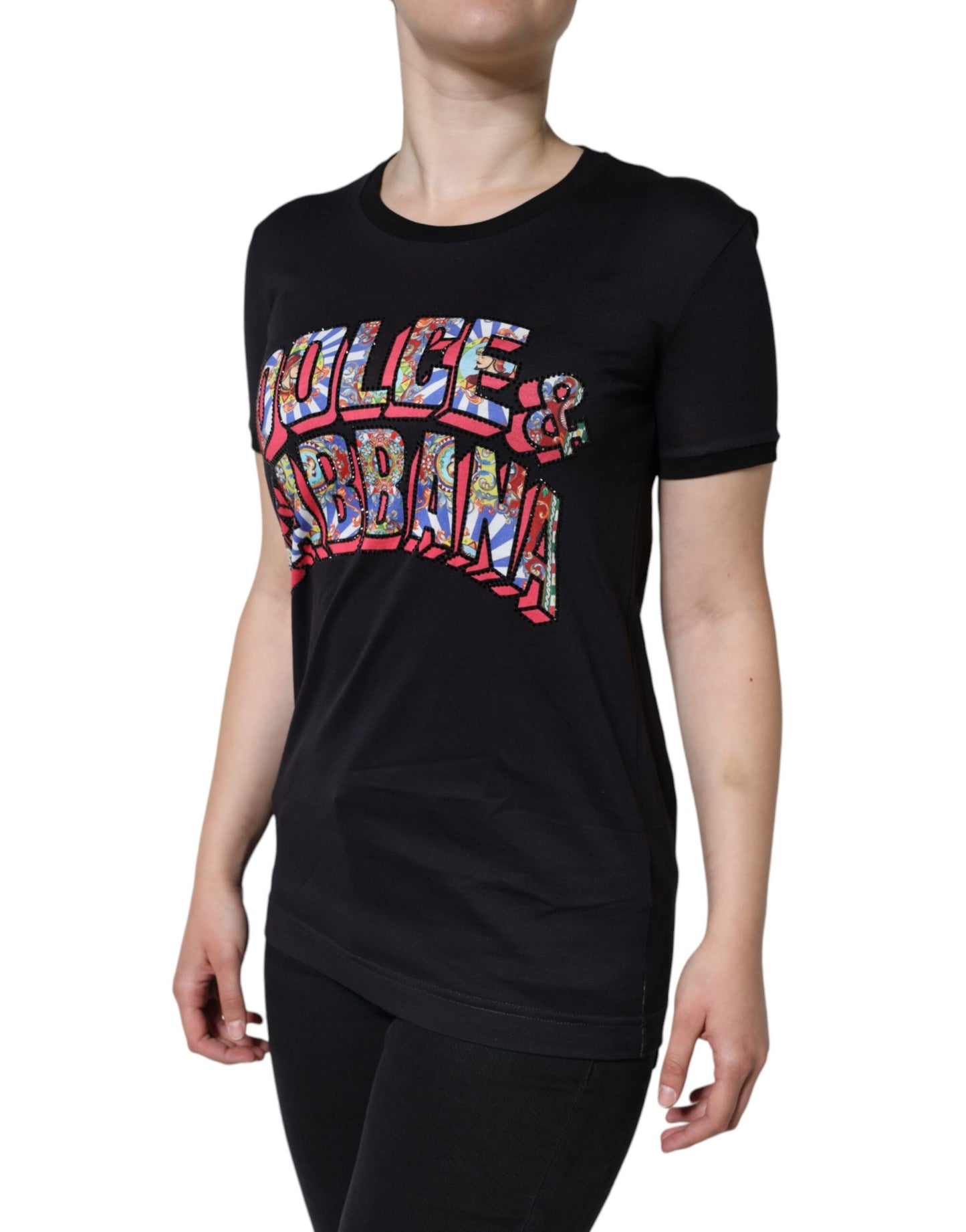 Dolce & Gabbana Camiseta negra con cuello redondo y estampado de logo de algodón