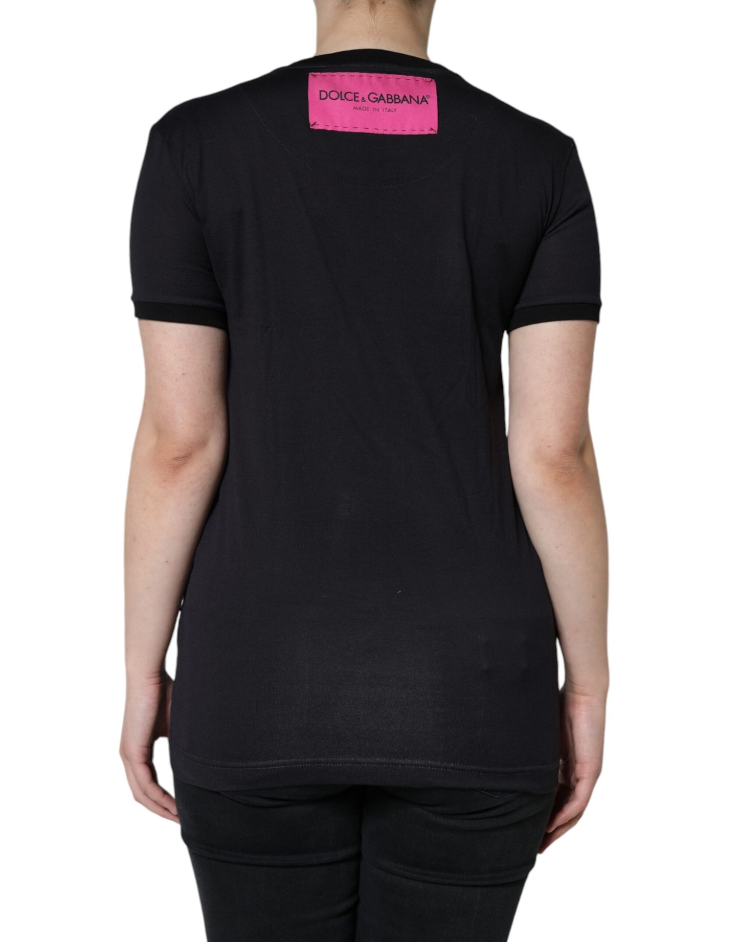 Dolce & Gabbana Camiseta negra con cuello redondo y estampado de logo de algodón