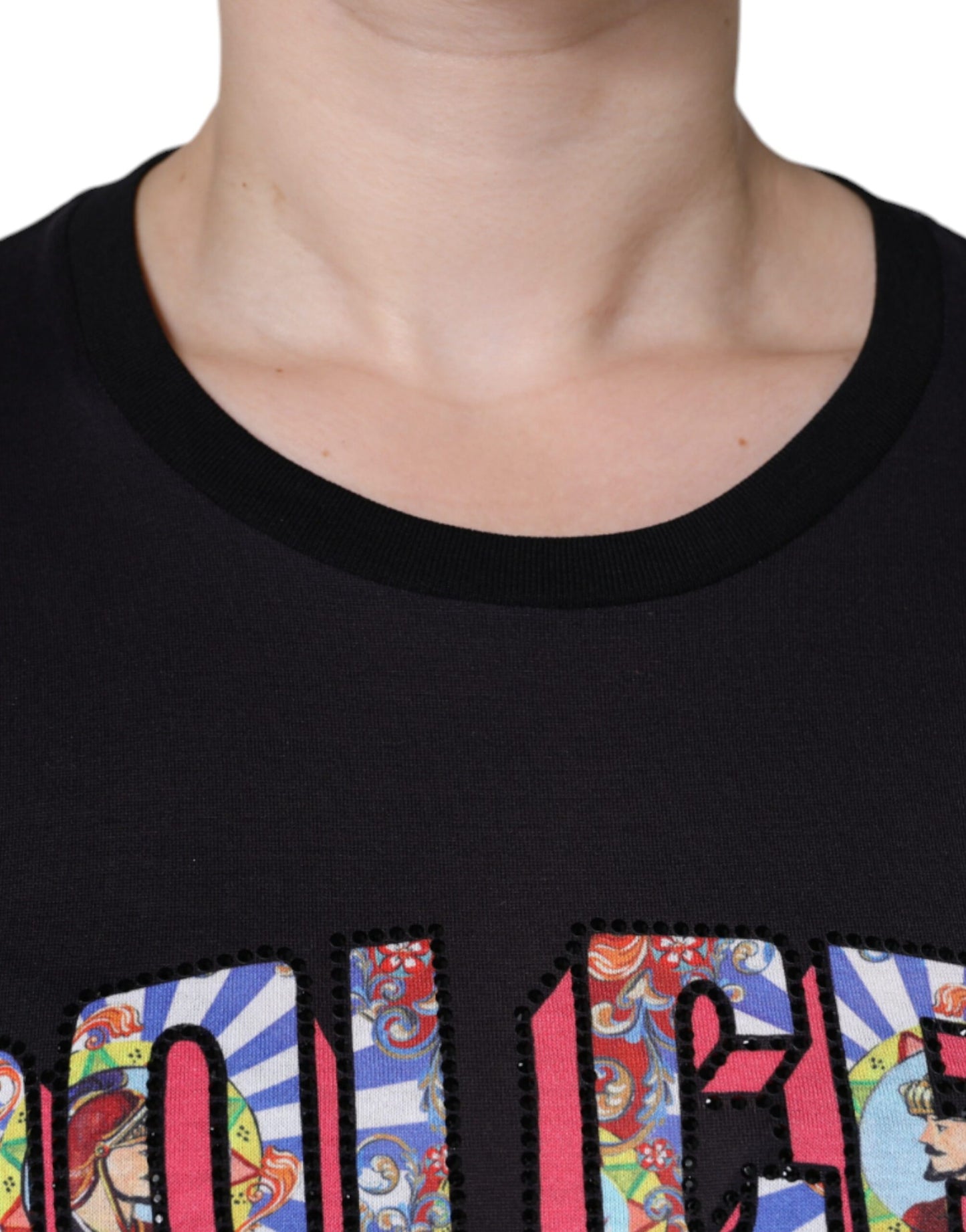Dolce & Gabbana Camiseta negra con cuello redondo y estampado de logo de algodón