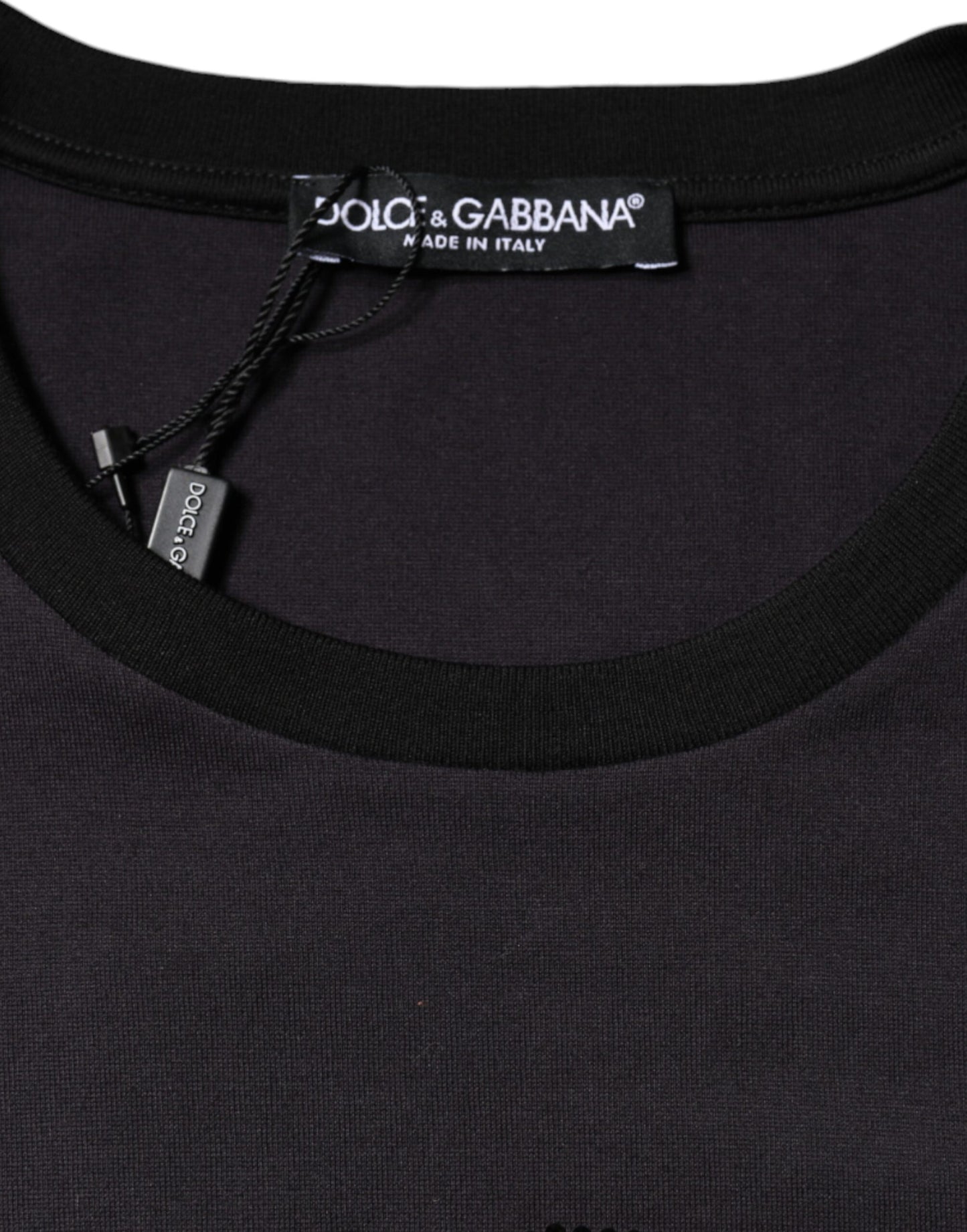 Dolce & Gabbana Camiseta negra con cuello redondo y estampado de logo de algodón