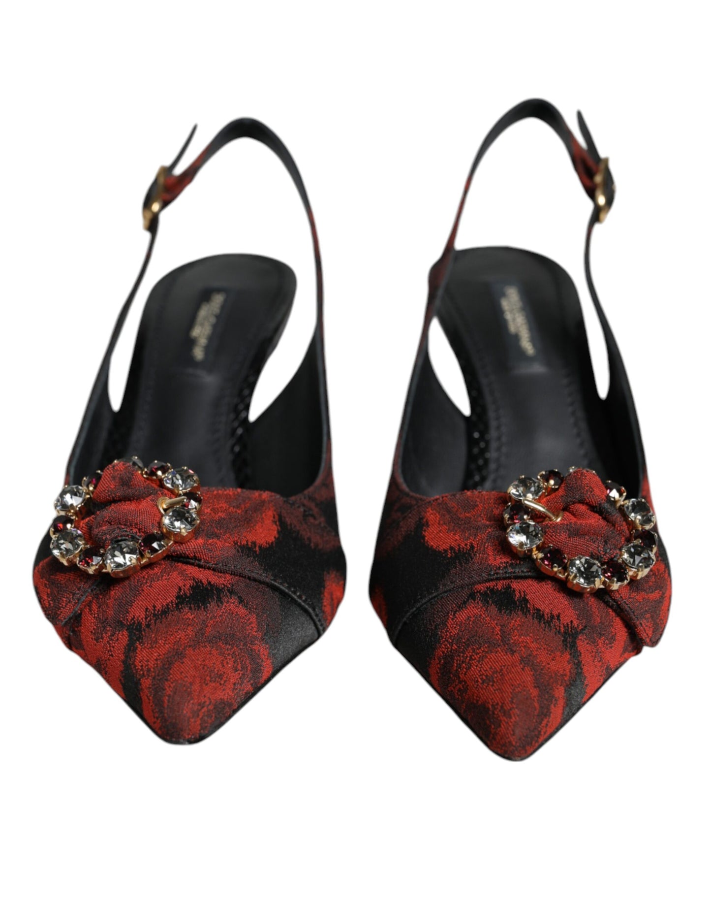 Dolce & Gabbana Zapatos destalonados con tacón de cristal y flores en negro y rojo