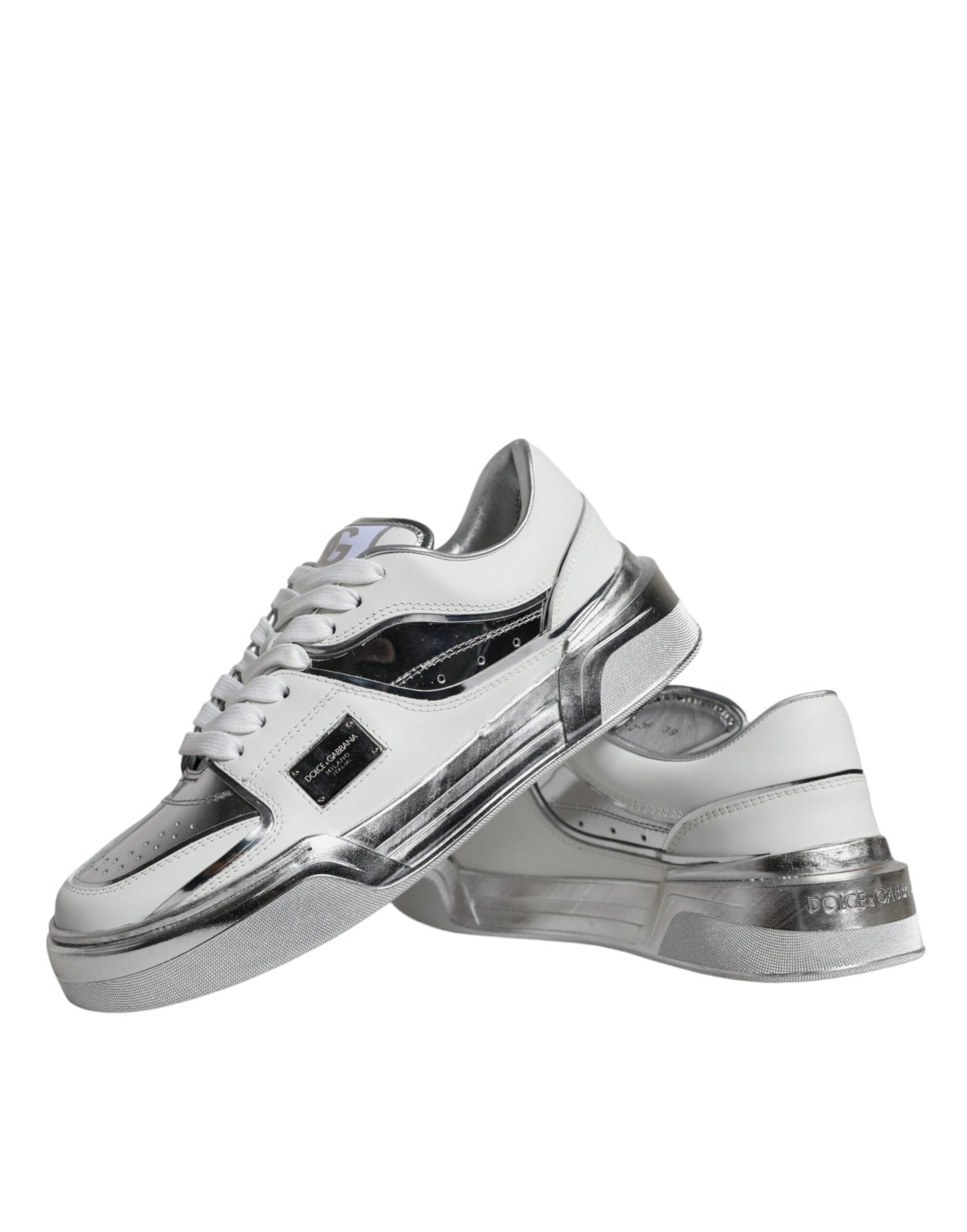 Dolce & Gabbana Tenis De Cuero Blanco Plateado Zapatos