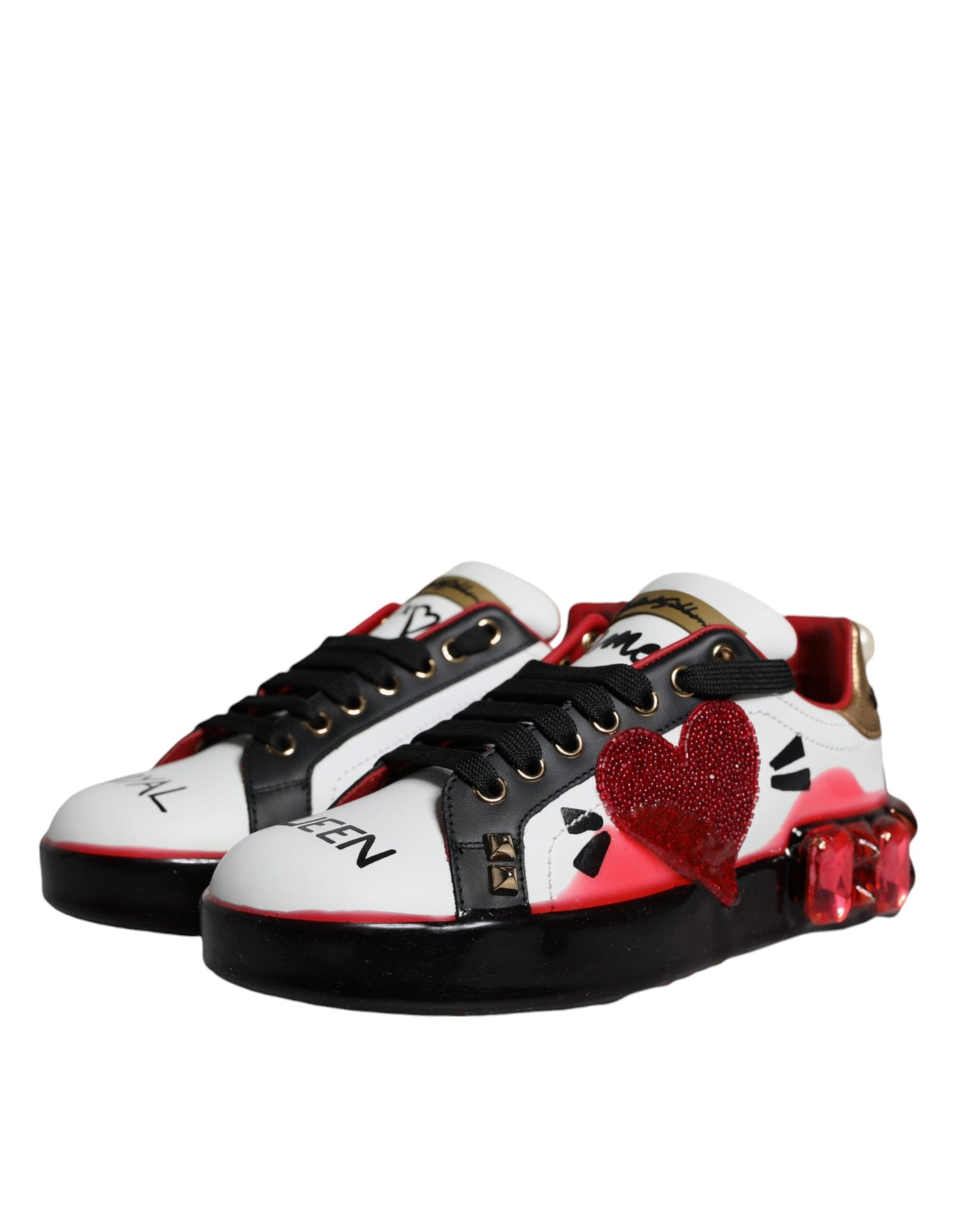 Dolce & Gabbana Zapatillas Portofino De Cuero Con Cristales Rojos Blancos Zapatos