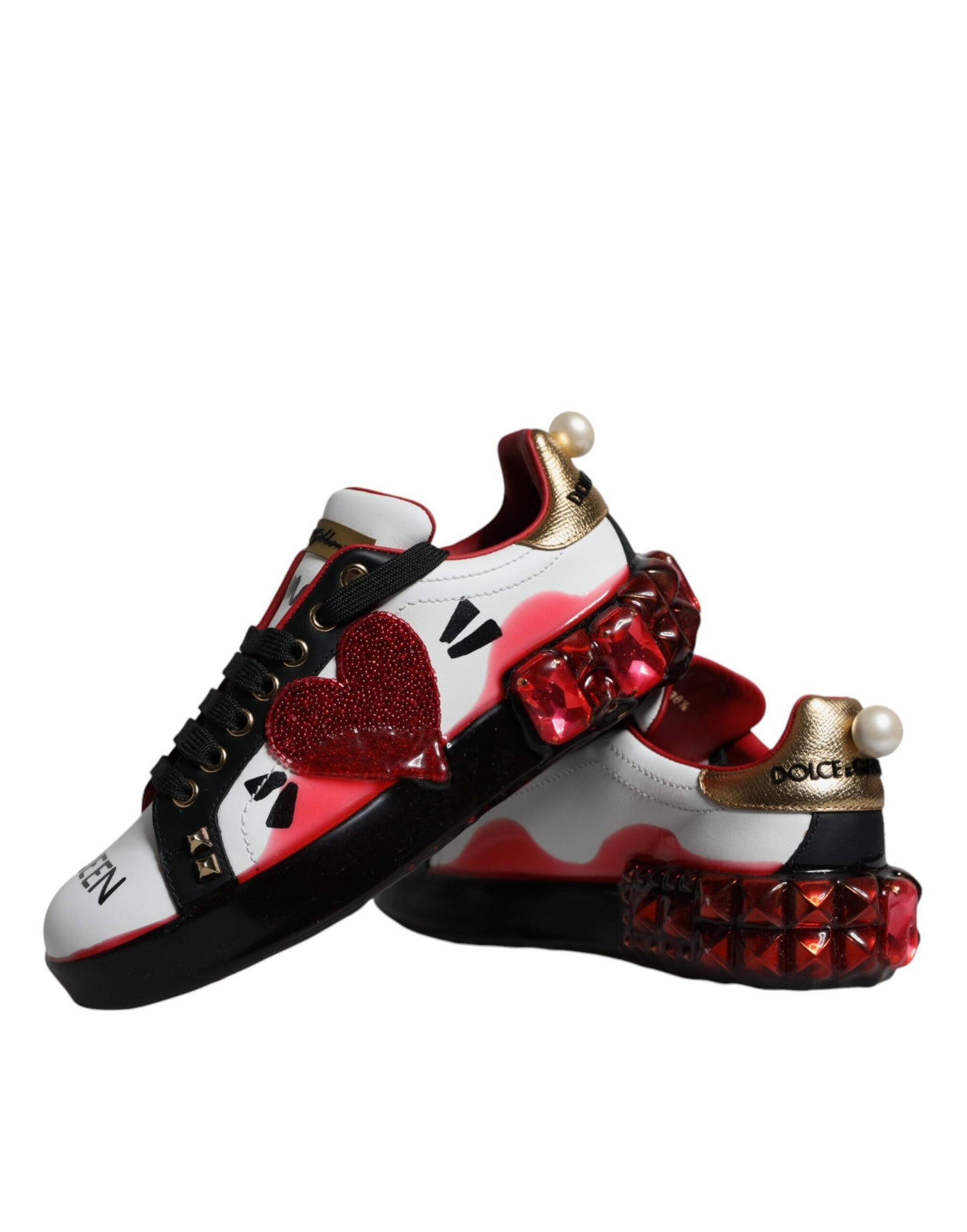 Dolce & Gabbana Zapatillas Portofino De Cuero Con Cristales Rojos Blancos Zapatos