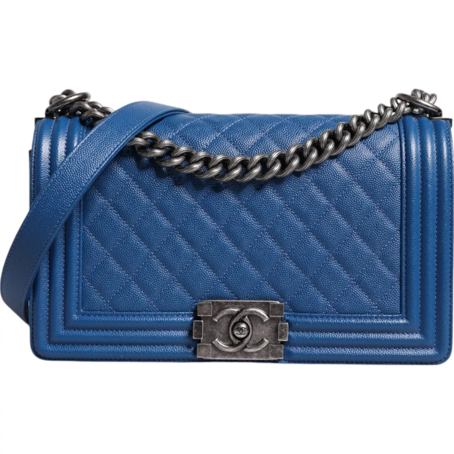 Chanel Blue Lambskin Double Chain Leather Medium Shoulder Bag – par Chanel | Disponible sur Sandy Store ByNet