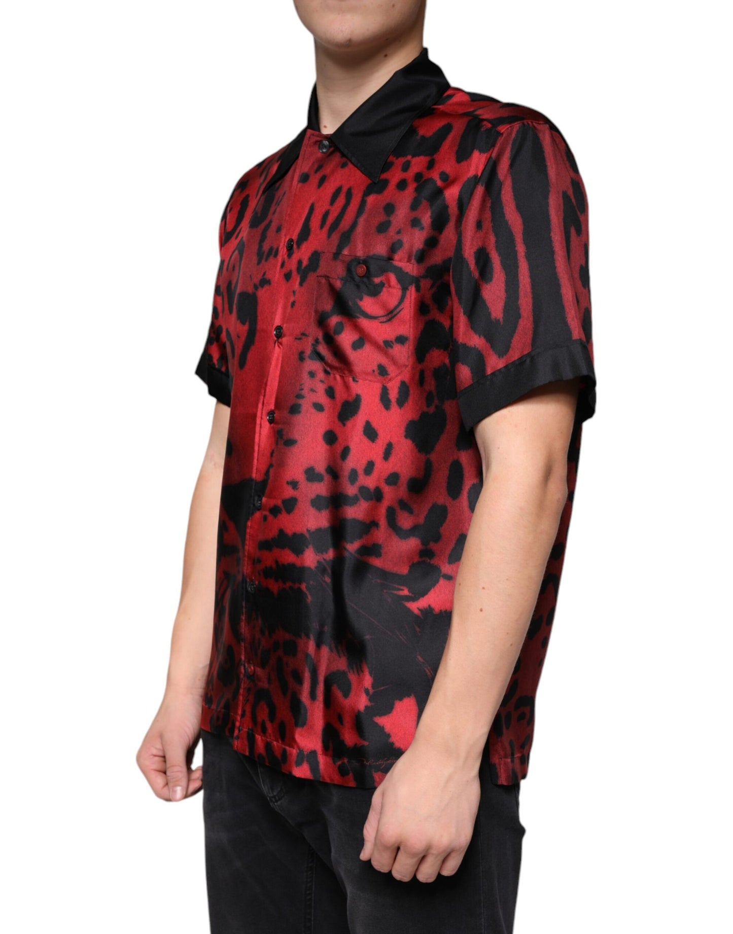 Dolce & Gabbana Camisa casual con botones de seda de leopardo rojo