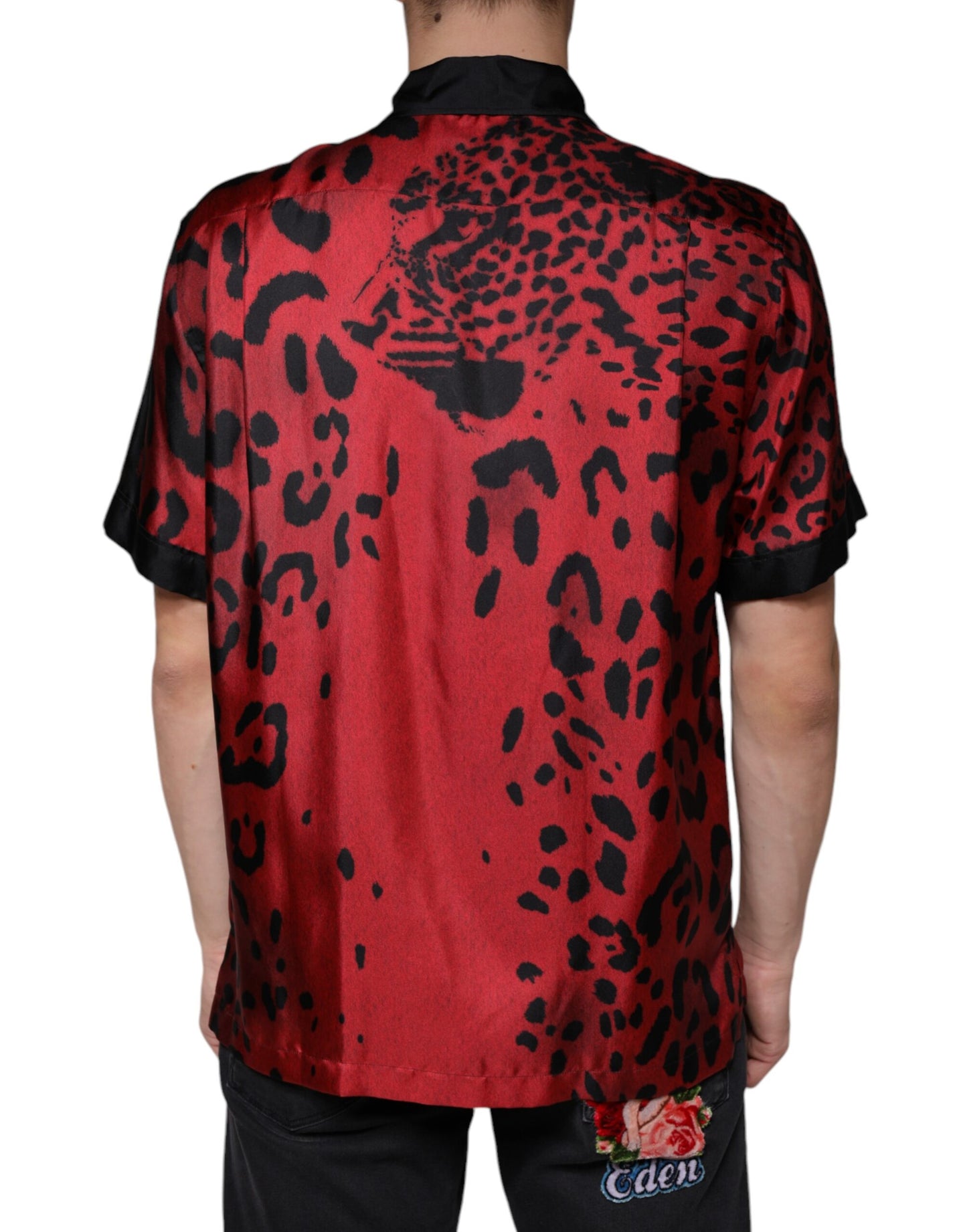 Dolce & Gabbana Camisa casual con botones de seda de leopardo rojo