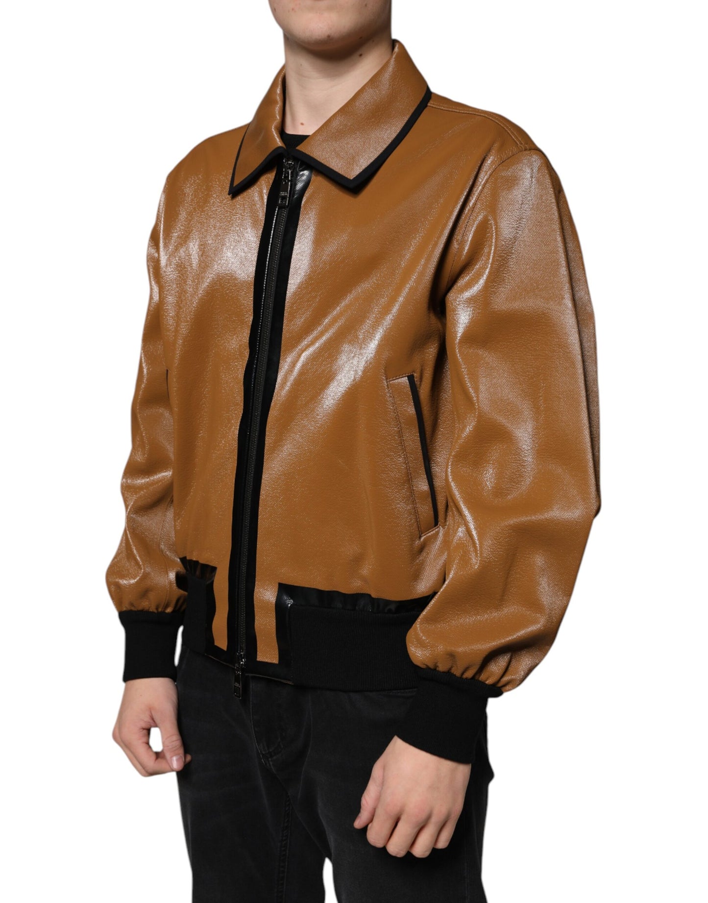 Dolce & Gabbana Chaqueta bomber de hombre con cremallera completa de cuero marrón