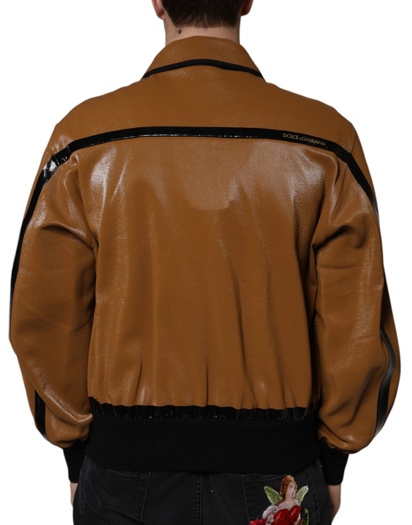 Dolce & Gabbana Chaqueta bomber de hombre con cremallera completa de cuero marrón