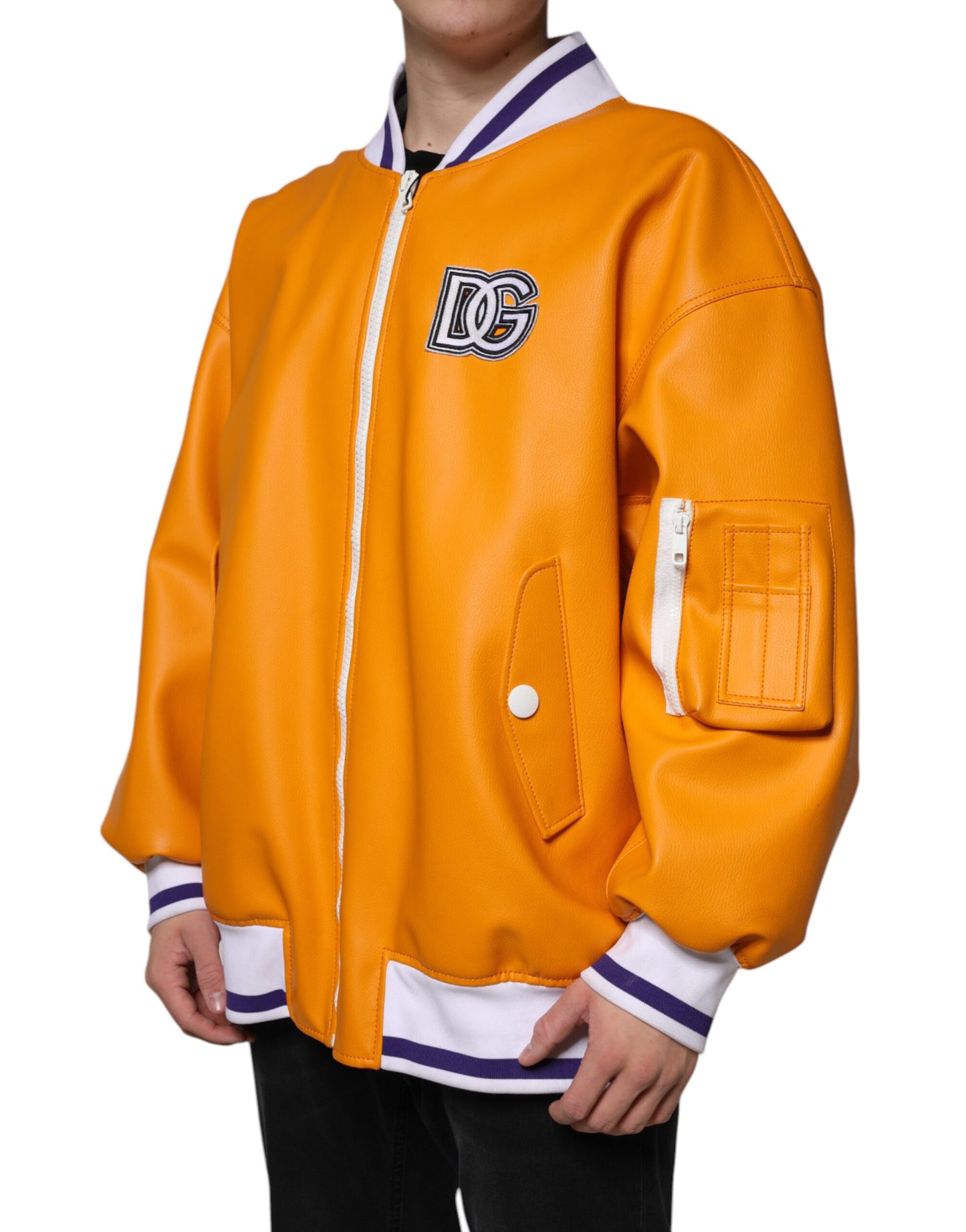 Dolce & Gabbana Chaqueta bomber de punto con cremallera completa en color naranja y blanco