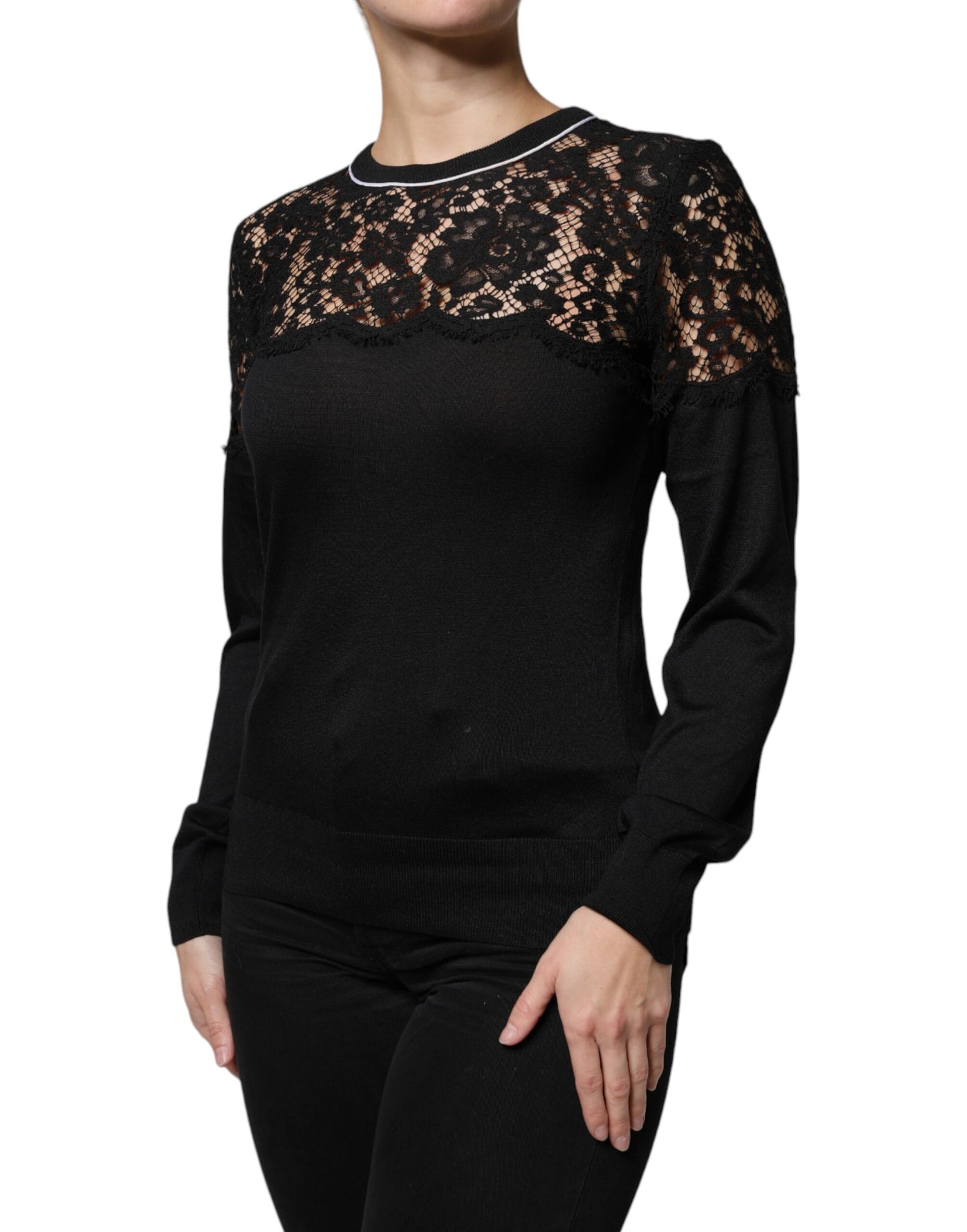 Dolce & Gabbana Blusa tipo jersey de seda con encaje floral negro