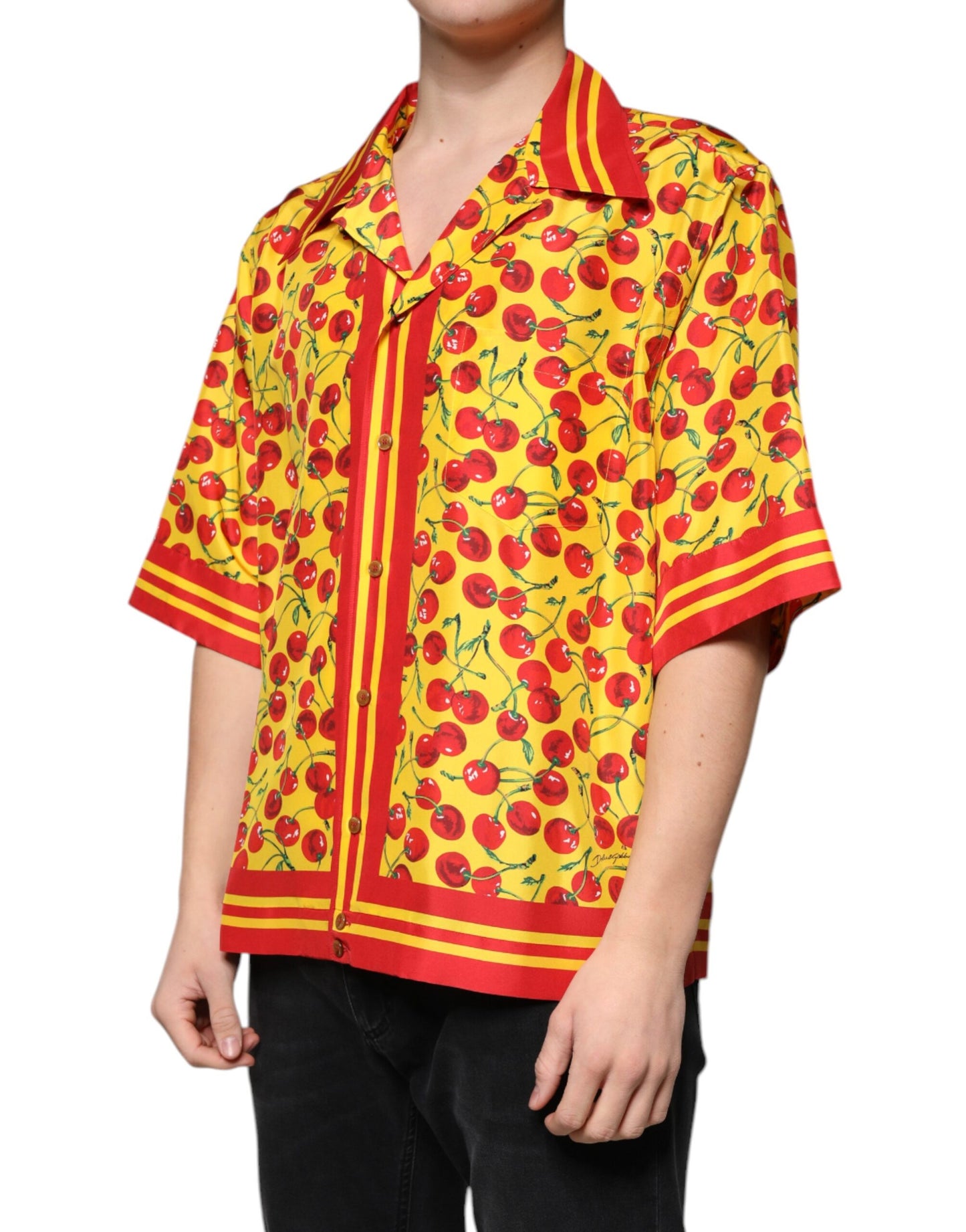 Camisa informal de seda con botones y estampado de cerezas amarillas de Dolce & Gabbana